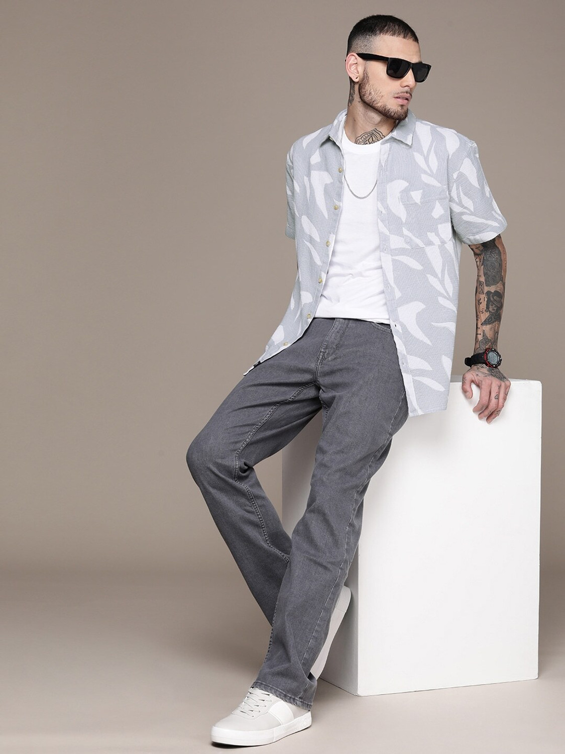 Image of WROGN Men Printed Casual Grey Shirt