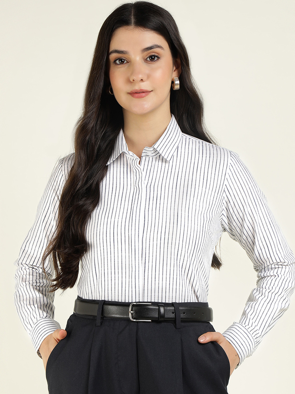 Image of Hancock Women Striped Formal White Shirt