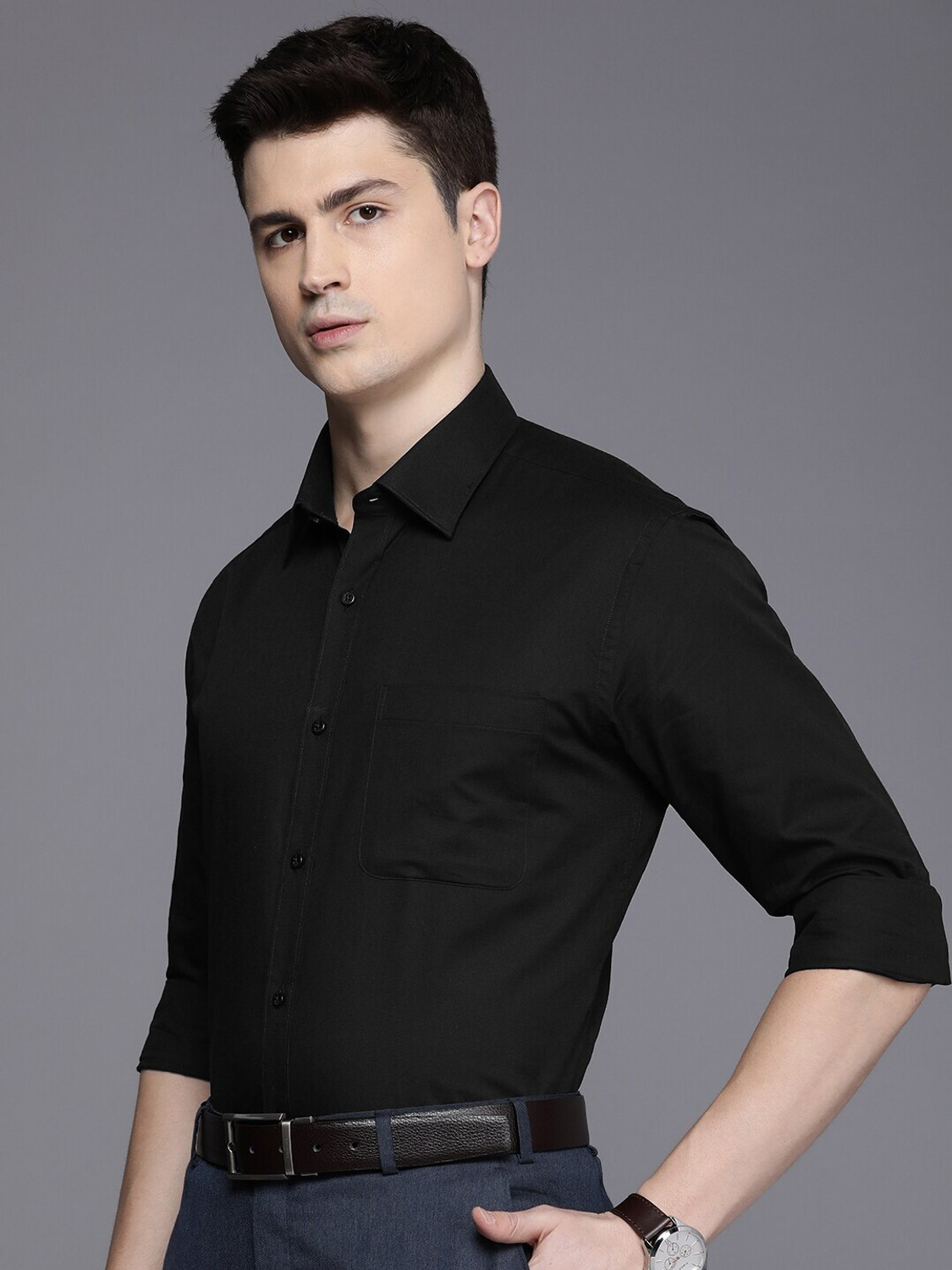 Image of Raymond Men Solid Formal Black Shirt