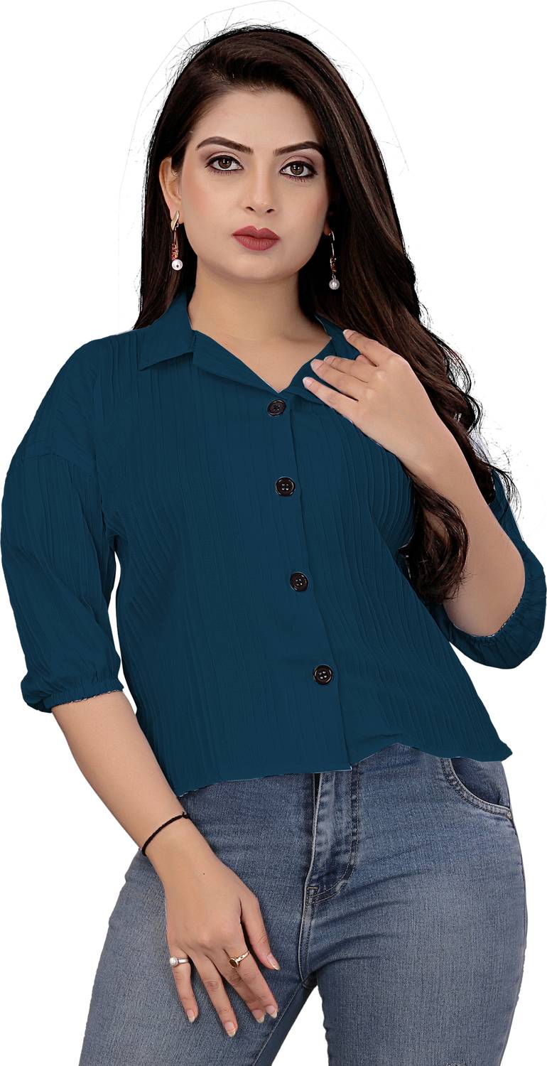 BONDEYE FASHION Women Self Design Casual Dark Blue Shirt
