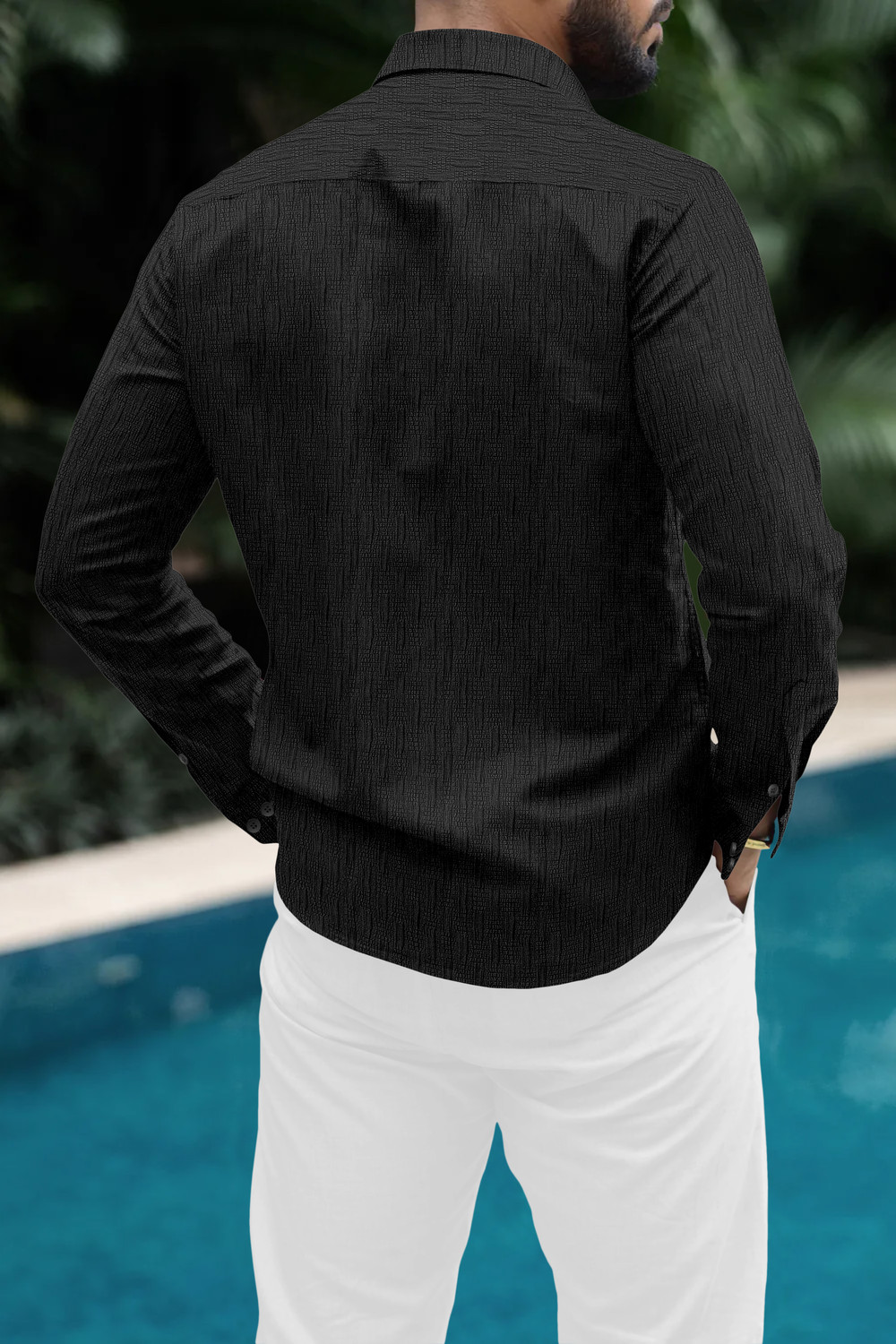 Image of VELLOSTA Men Self Design Casual Black Shirt