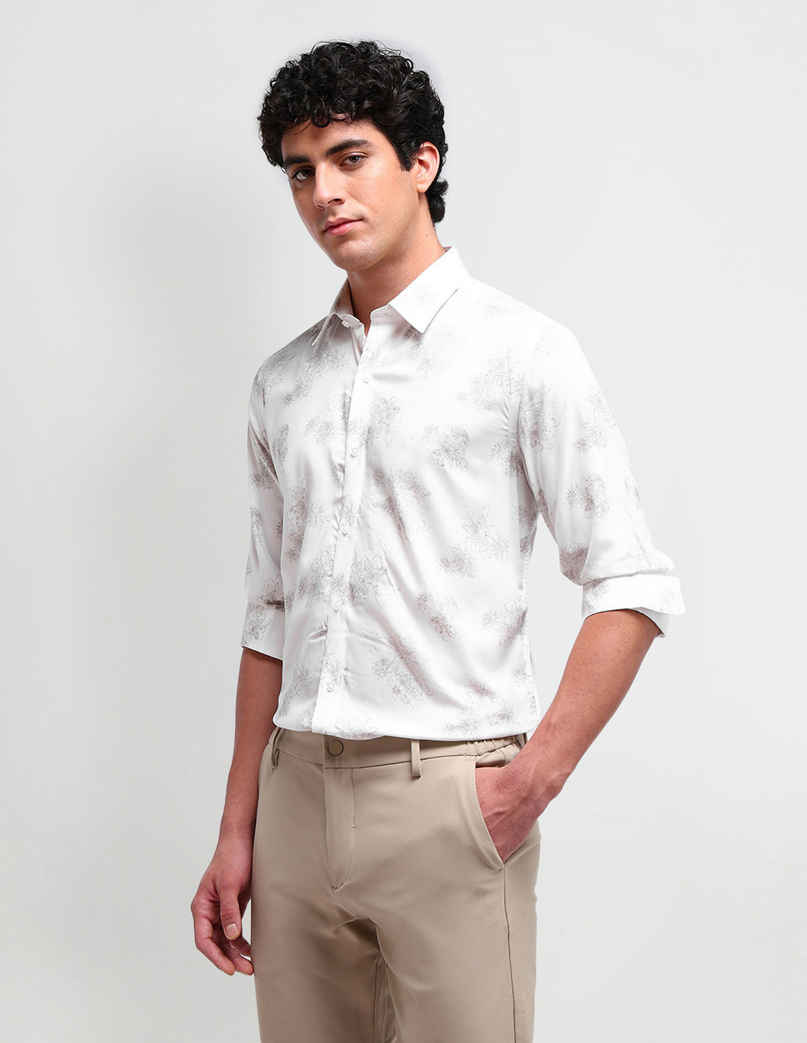 Image of ARROW Men Floral Print Formal White Shirt