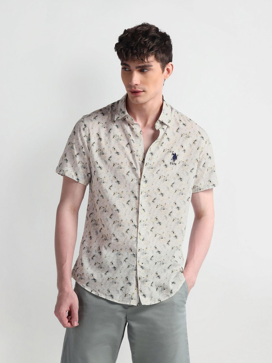 Image of U.S. POLO ASSN. Men Printed Casual Green Shirt