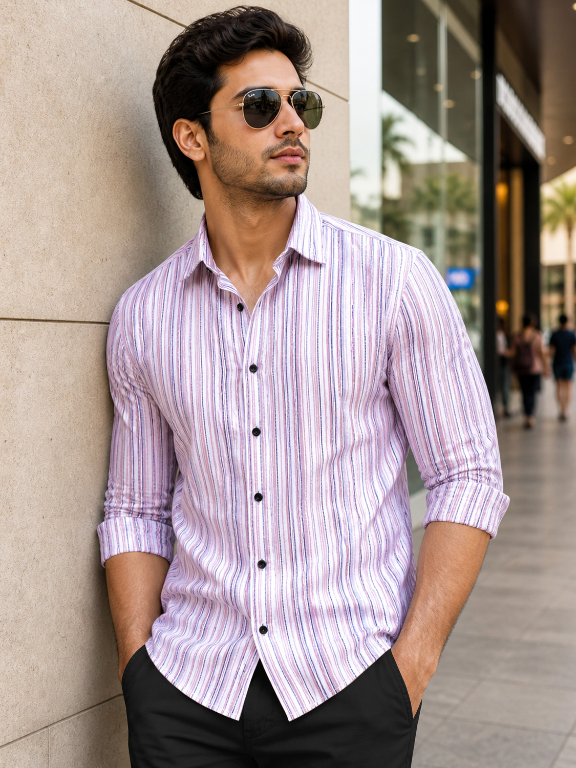 Image of VeBNoR Men Striped Casual Pink Shirt