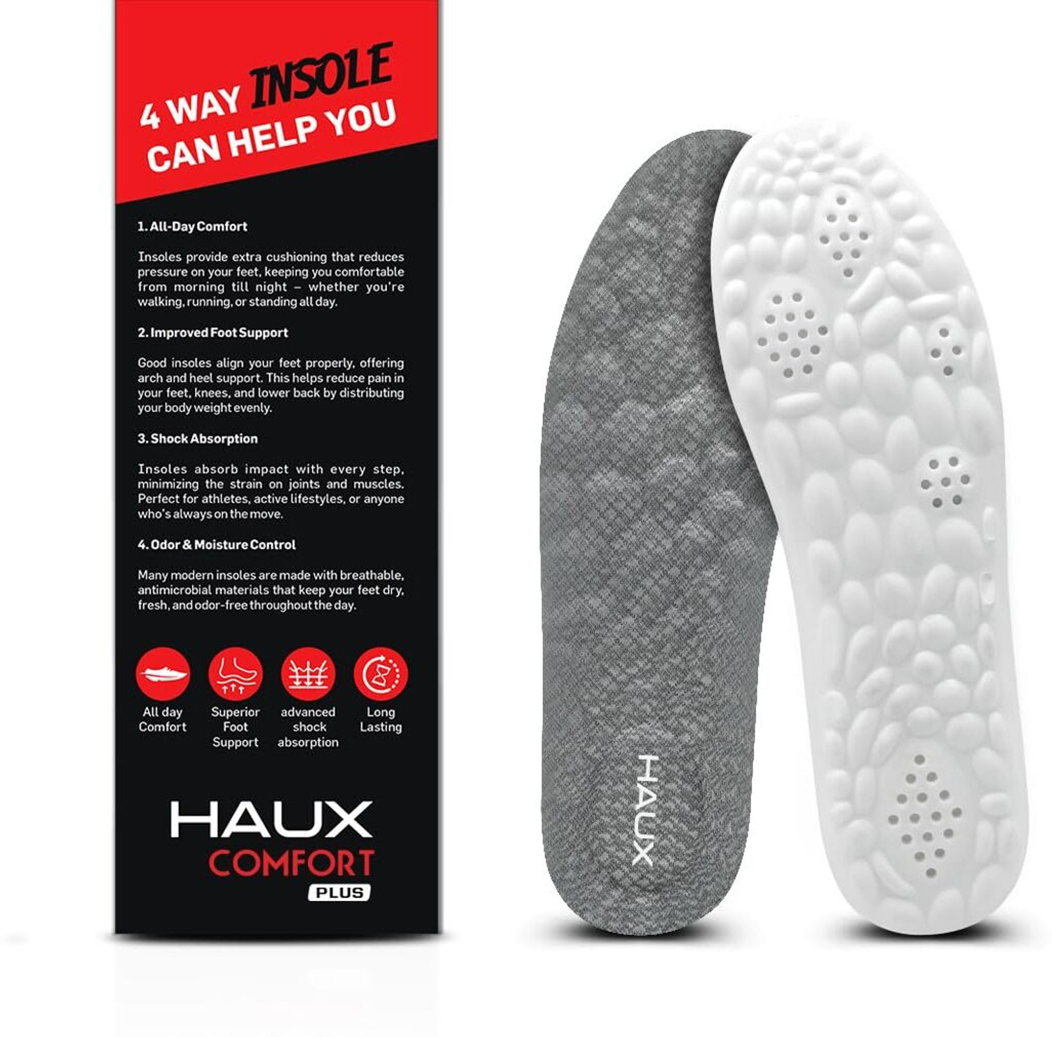 Image of Haux PU Insole Grey-8 PU Arch Sports, Orthotic Shoe Insole