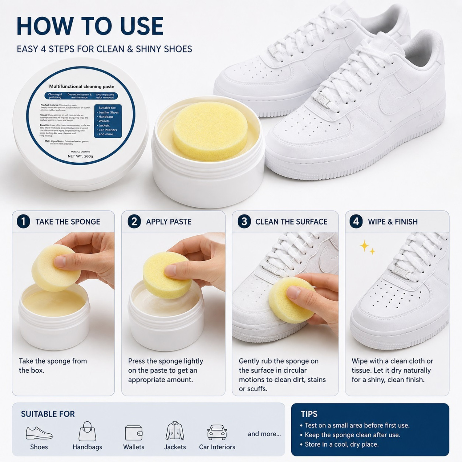 Image of Yancorp White Shoe Cleaner Cream with Sponge, Instant Sneaker Cleaner & Stain Remover Sports, Leather, Synthetic Leather, Canvas, Patent Leather Shoe Cream