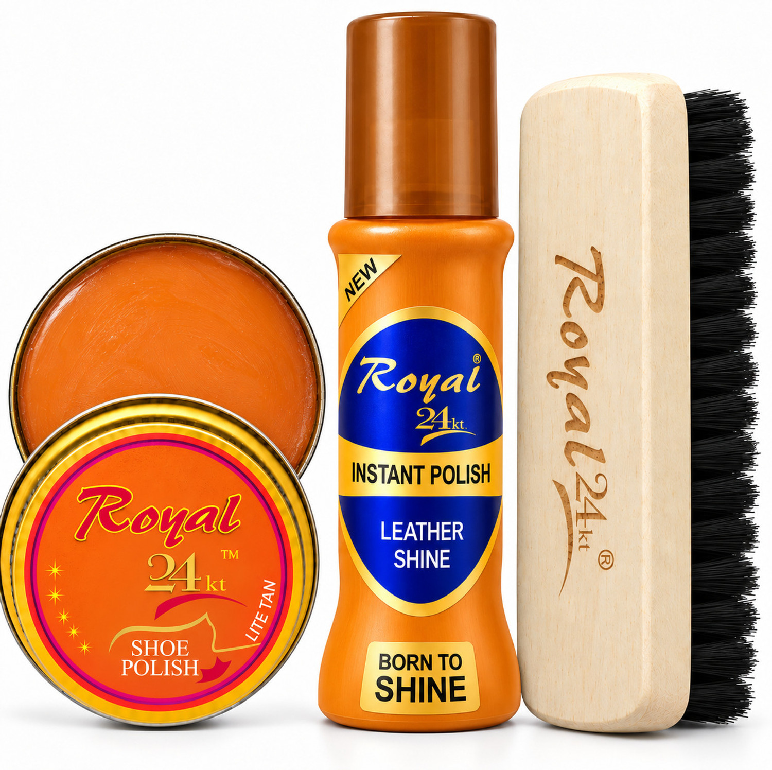 Image of Royal24kt Tan Liquid Shoe Polish + Tan Wax Shoe Polish + Premium Shoe Brush Leather, Patent Leather, Synthetic Leather Shoe Liquid Polish