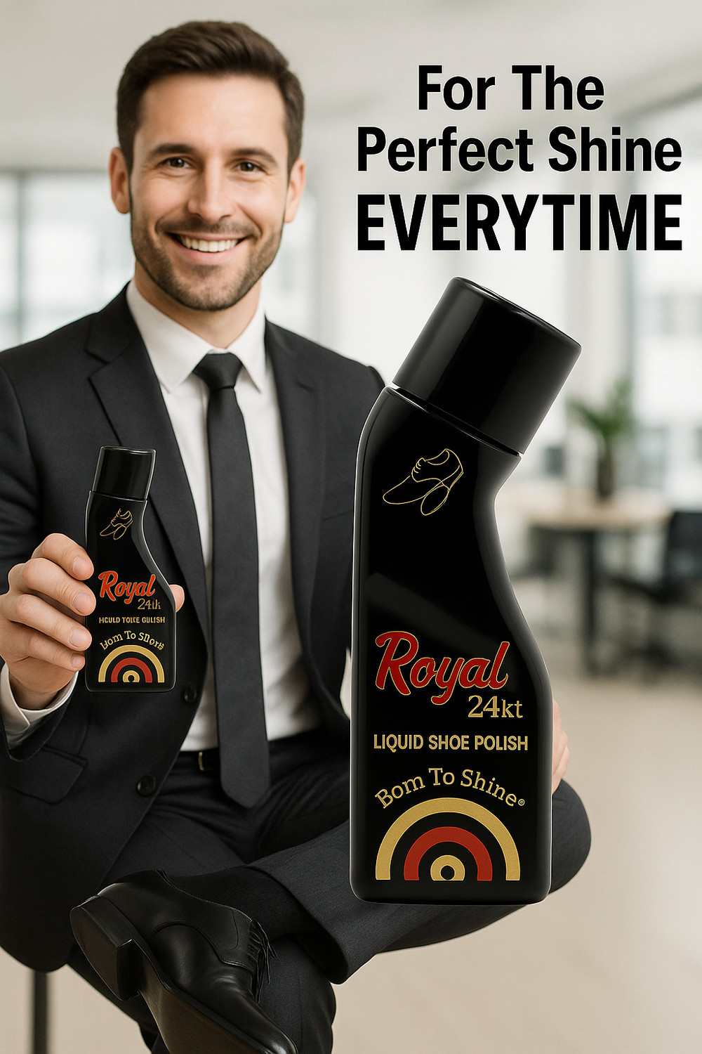 Image of Royal24kt Royal 24kt Black Shoe Care Combo - Liquid Polish, Cream Polish & Shine Brush Leather, Patent Leather, Synthetic Leather Shoe Liquid Polish
