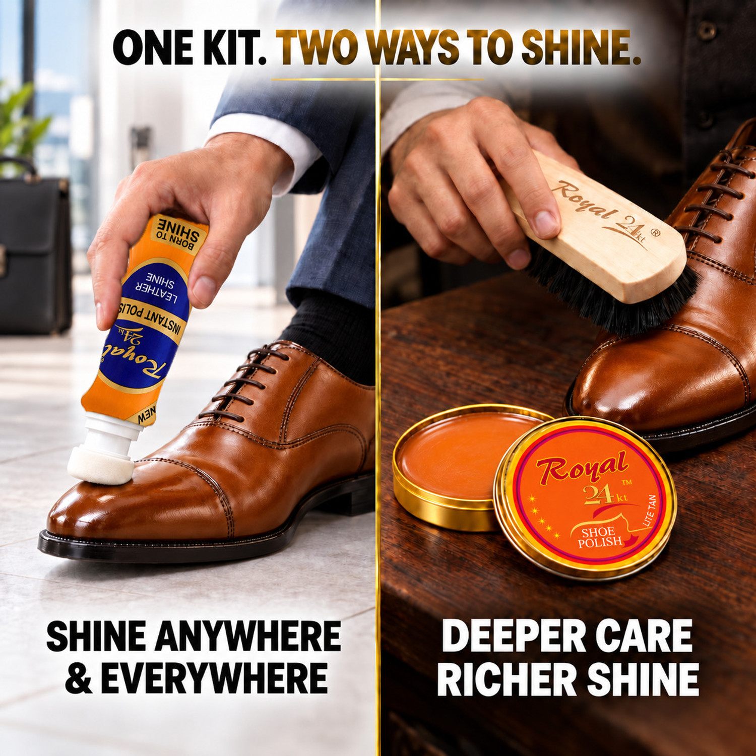 Image of Royal24kt Tan Liquid Shoe Polish + Tan Wax Shoe Polish + Premium Shoe Brush Leather, Patent Leather, Synthetic Leather Shoe Liquid Polish