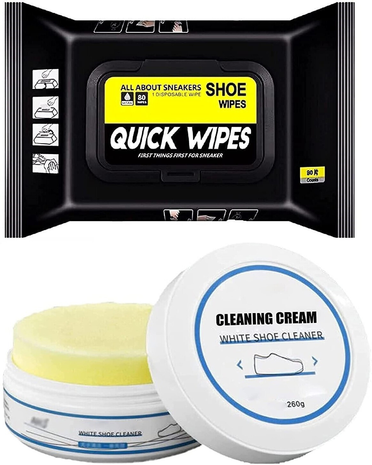 Image of KriVat White shoes wipes Cream with Sponge Combo Pack Wipes 80Pcs & Cream 260GM Sports Shoe Cream