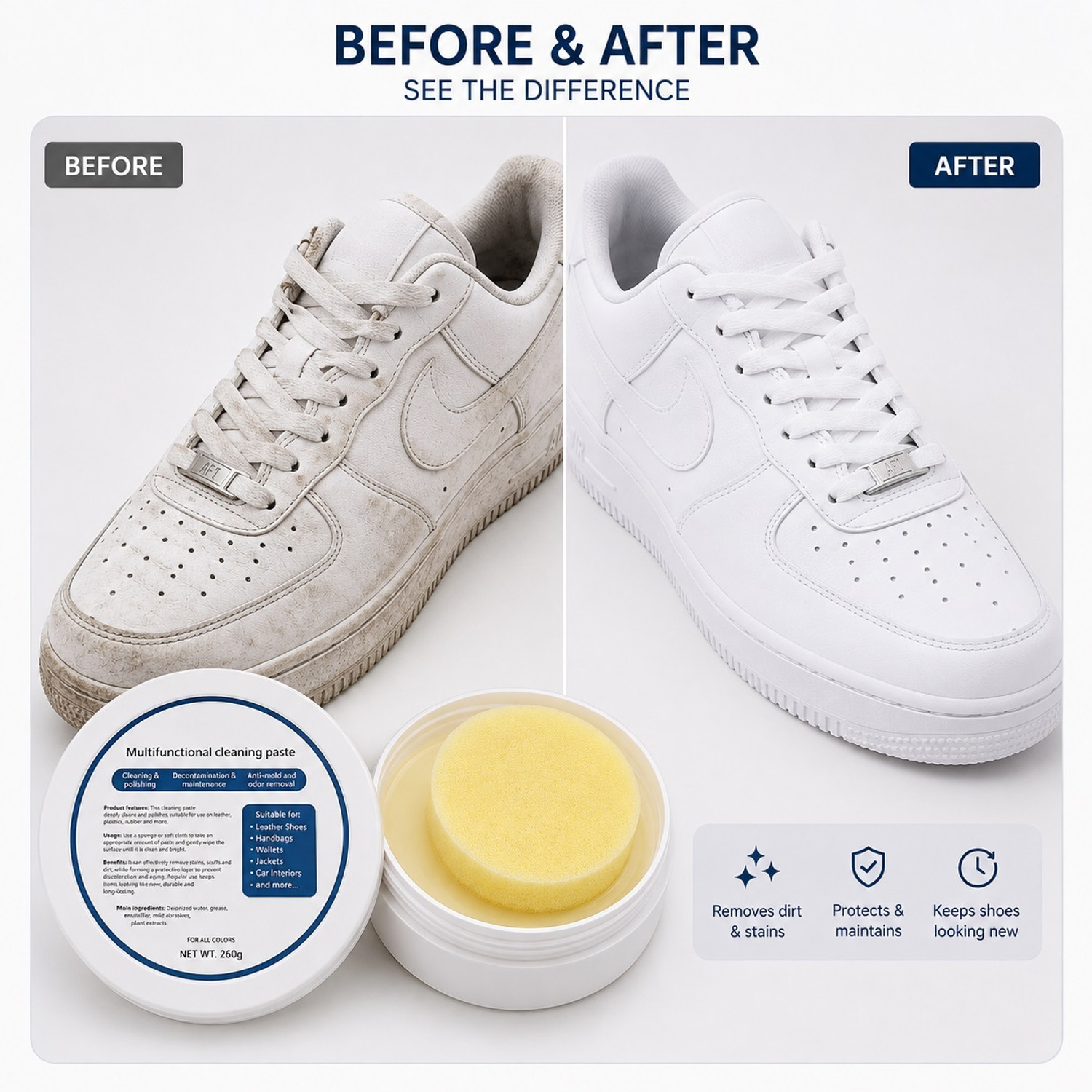 Image of Yancorp White Shoe Cleaner Cream with Sponge, Instant Sneaker Cleaner & Stain Remover Sports, Leather, Synthetic Leather, Canvas, Patent Leather Shoe Cream
