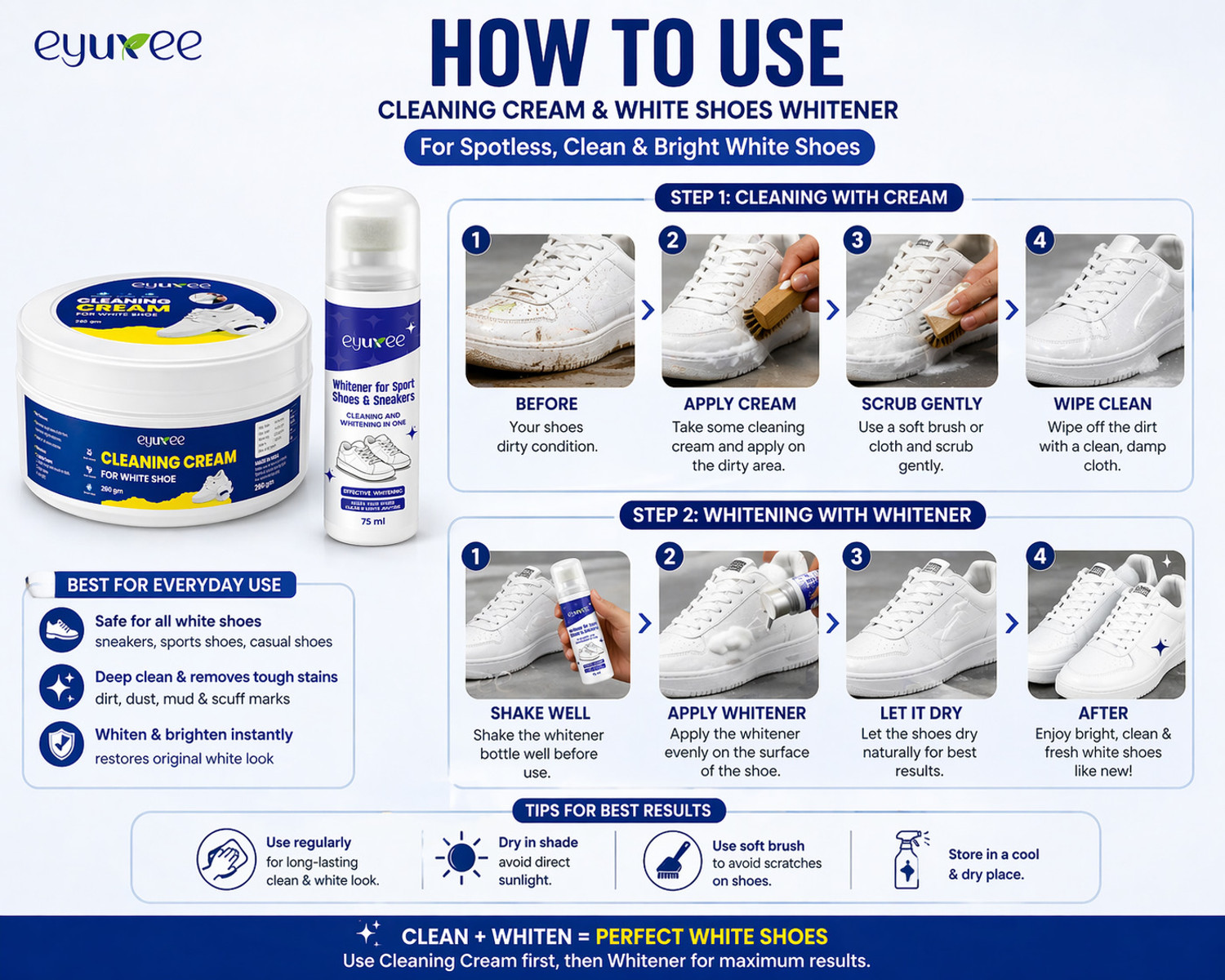 Image of eyuxee white shoe cleaner cream & whitener instant sneaker polish stain remover Canvas, Sports Shoe Cream