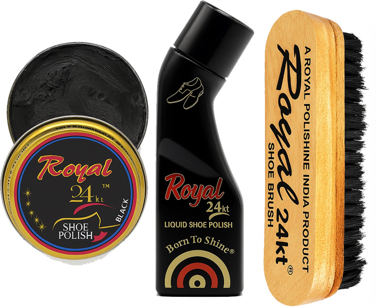 Image of Royal24kt Royal 24kt Black Shoe Care Combo - Liquid Polish, Cream Polish & Shine Brush Leather, Patent Leather, Synthetic Leather Shoe Liquid Polish