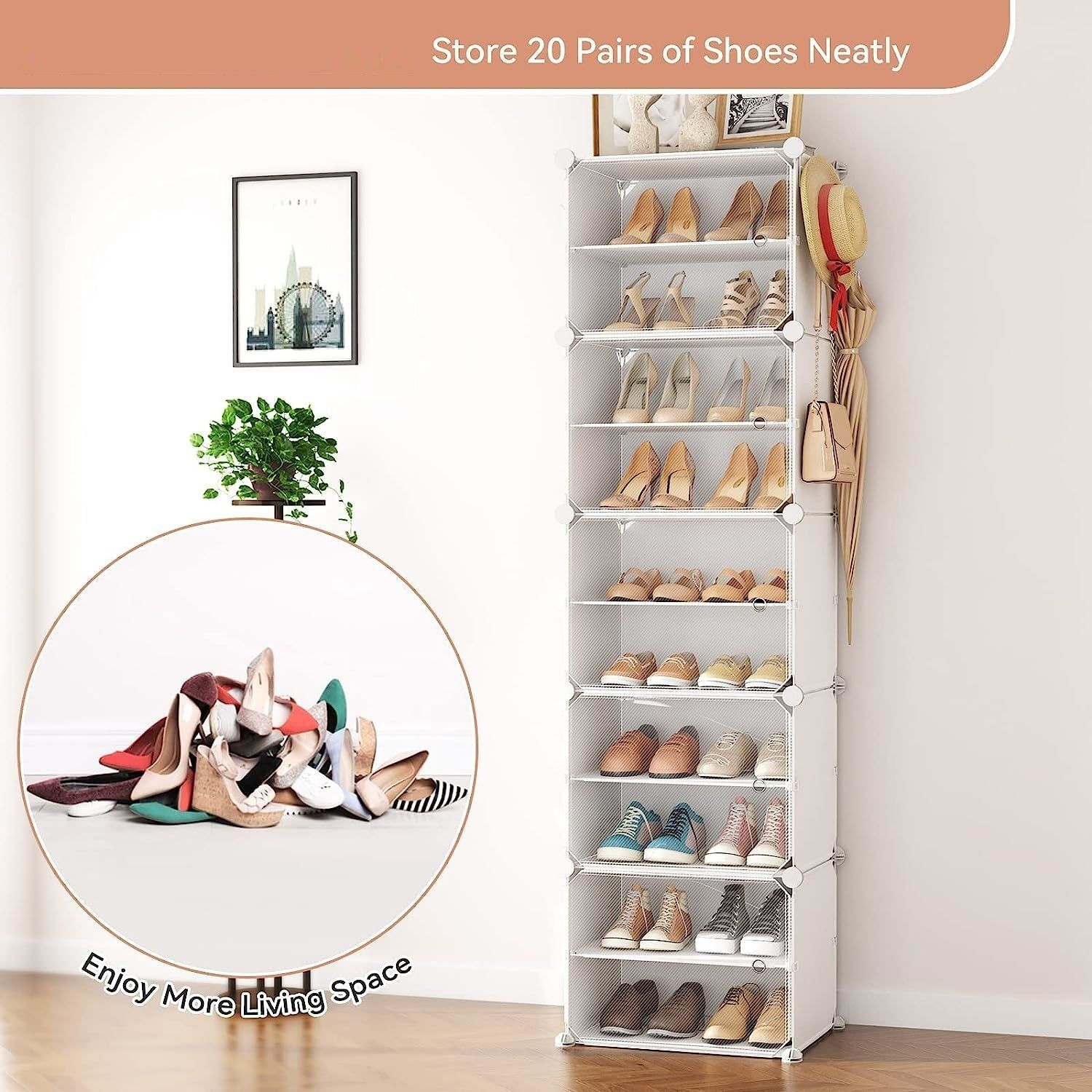 Image of Owme 10-Tier Plastic Shoe Rack with Dustproof Doors - Modular Shoe Cabinet Plastic Shoe Stand