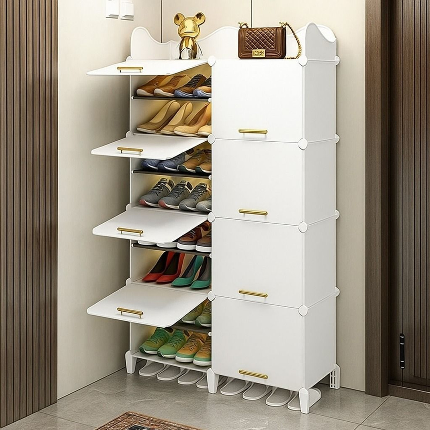 Image of Owme 6-Tier Plastic Shoe Rack with Dustproof Doors - Modular Shoe Cabinet Plastic Shoe Stand