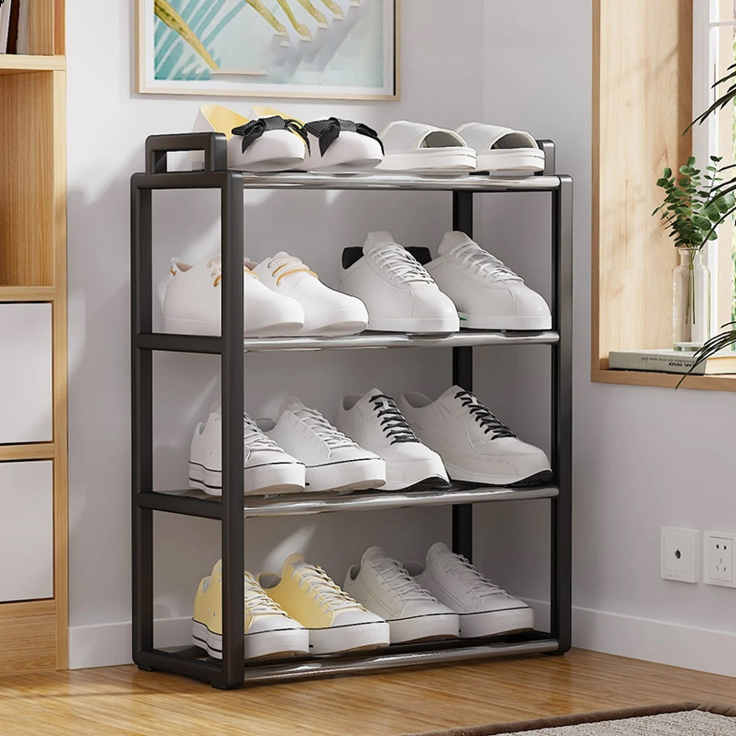 Image of ADIXEL 4 Layer Multi-Purpose Plastic and Metal Shoe Rack with Door for Home ,Shoe Stand Plastic, Metal Shoe Stand