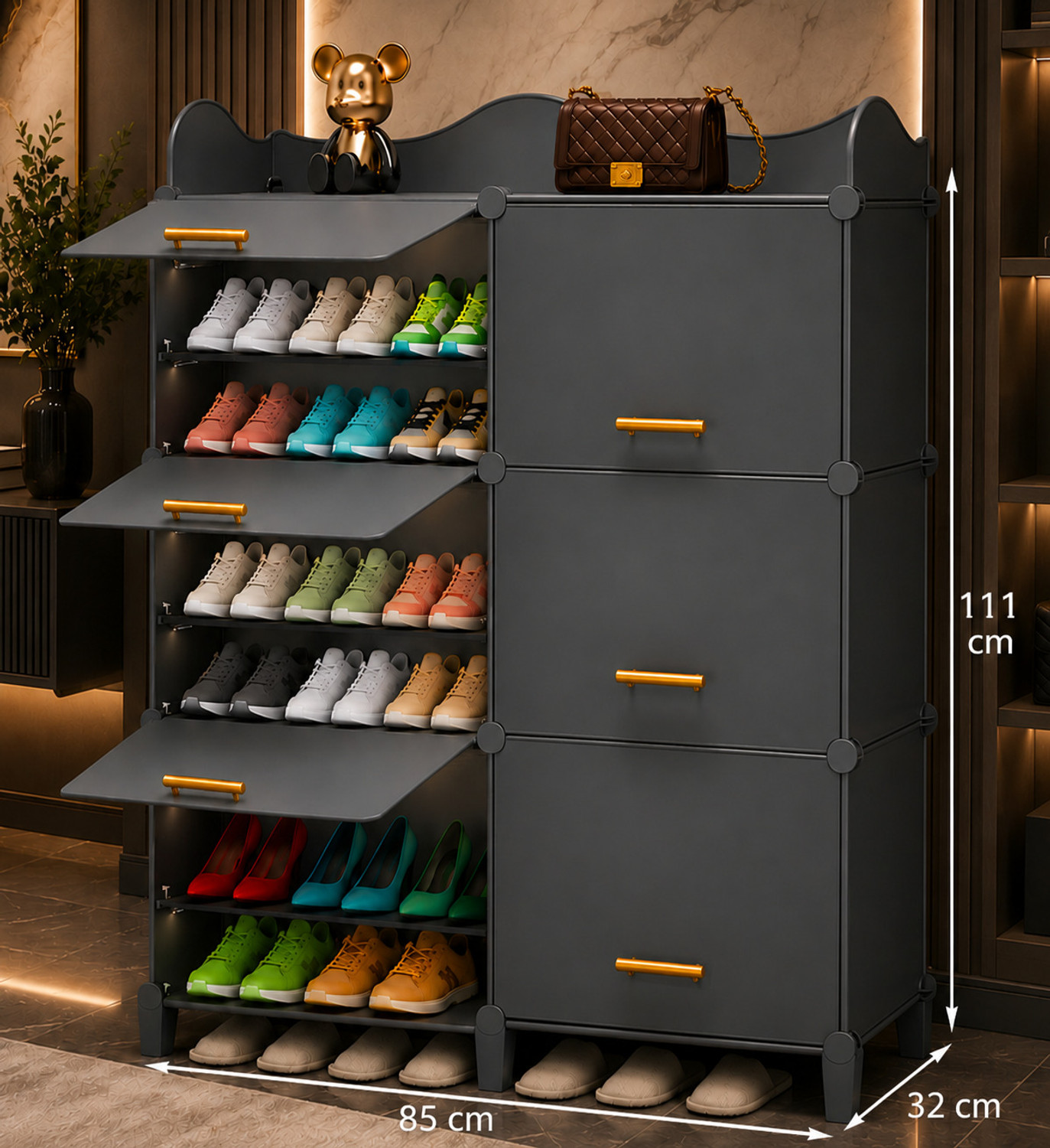 Image of Sasimo 12-Shelf-6-Door Plastic Cubort Shoe Rack Plastic Collapsible Shoe Stand
