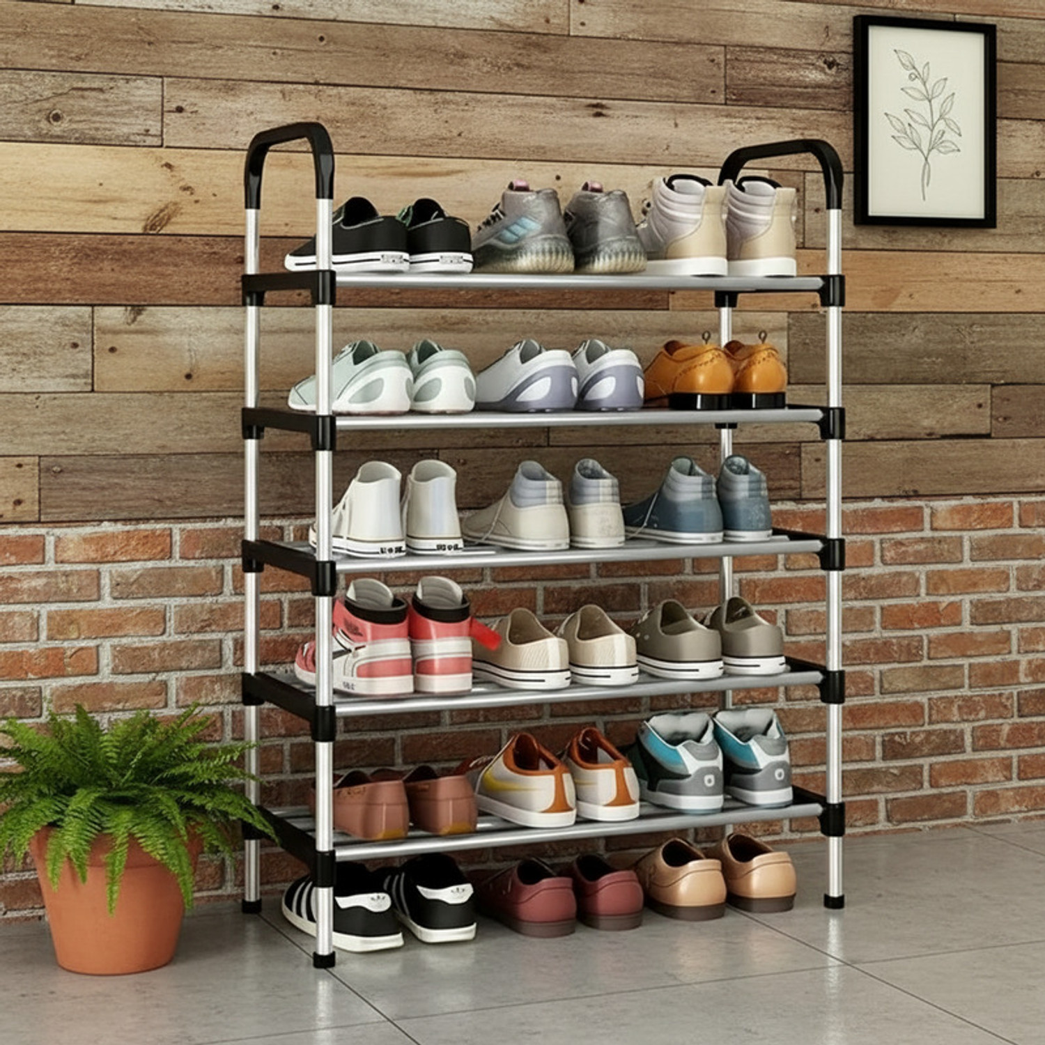Image of SOUKIO Space-Saving 5-Tier Metal Open Shoe Rack,Home Entryway, Bedroom & Living Room, Metal, Plastic Shoe Stand
