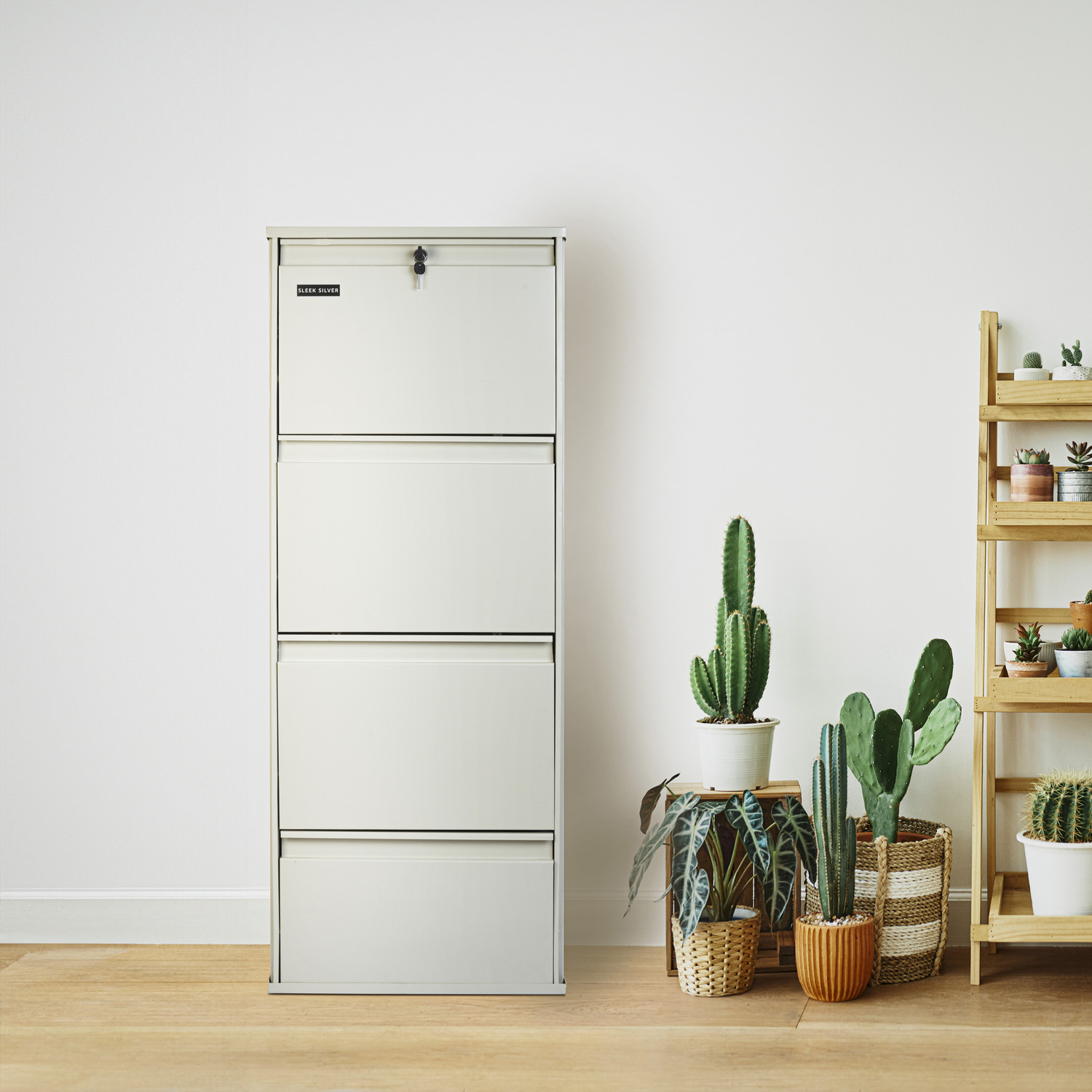 Image of Sleek Silver Space Saving Shoe Organiser Cabinet with 10-12 Pairs Capacity Metal Shoe Rack