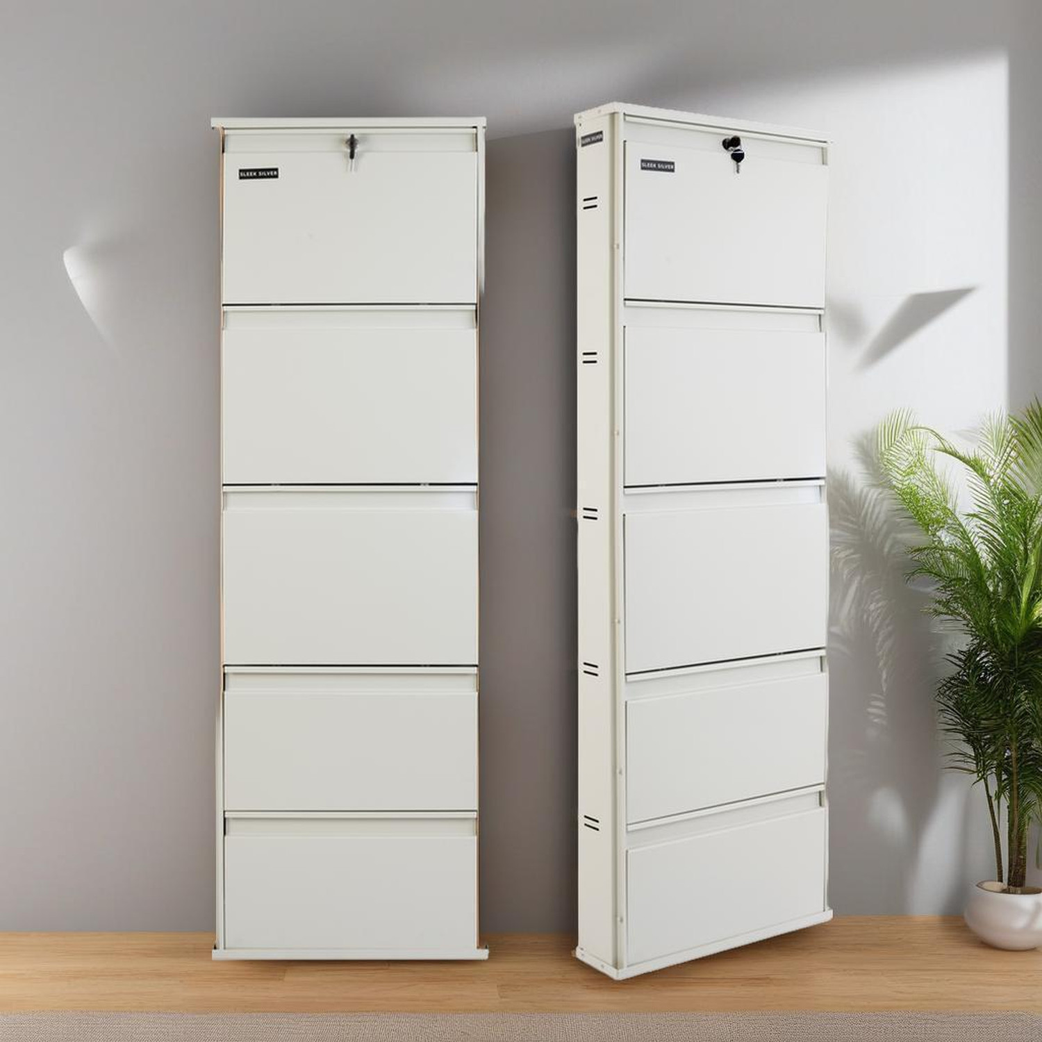 Image of Sleek Silver Space Saving Shoe Organiser Cabinet with 12-15 Pairs Capacity Metal Shoe Rack