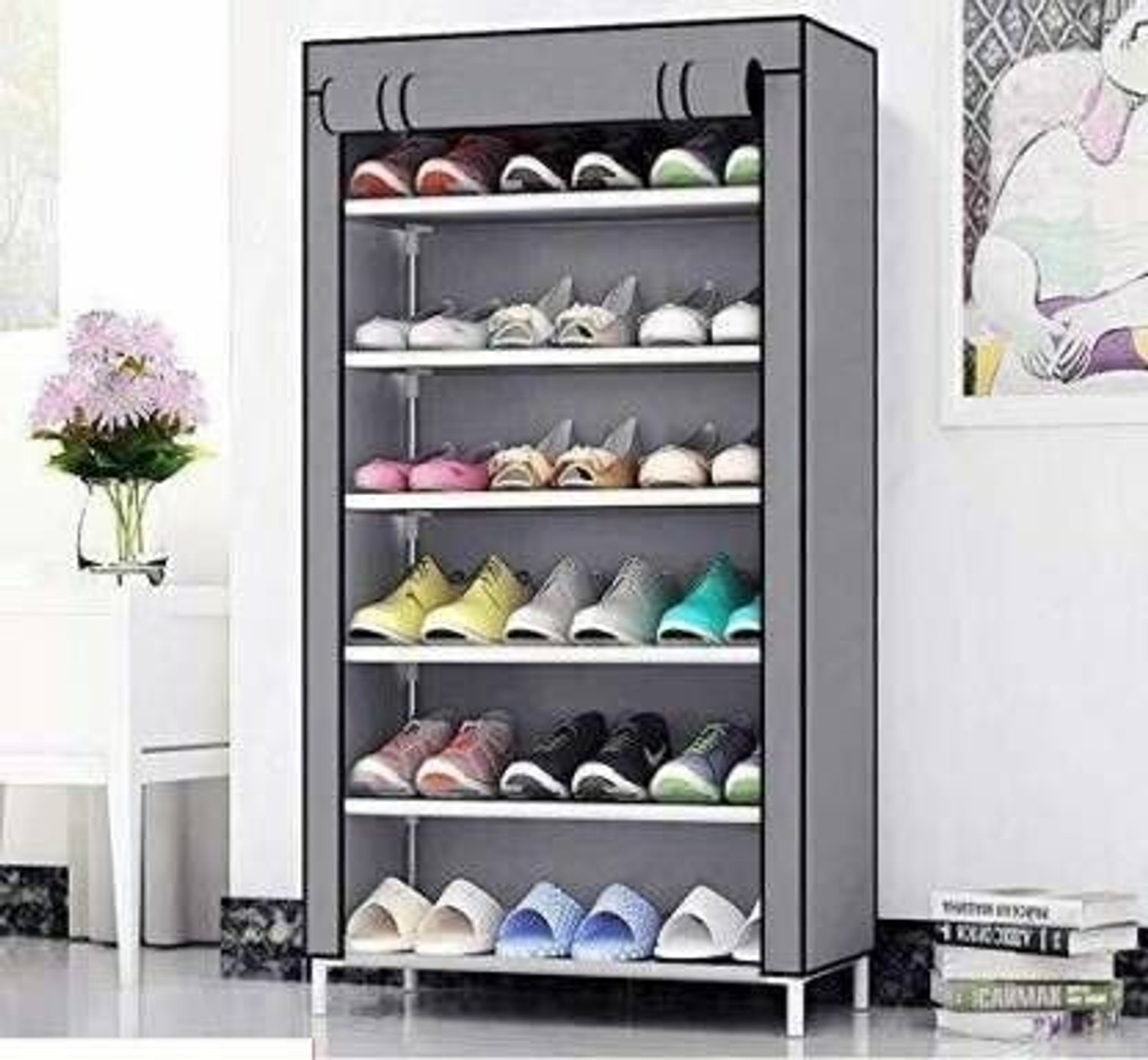 Image of Dwello 6 sleeves grey shoe rack Plastic, Metal Collapsible Shoe Stand