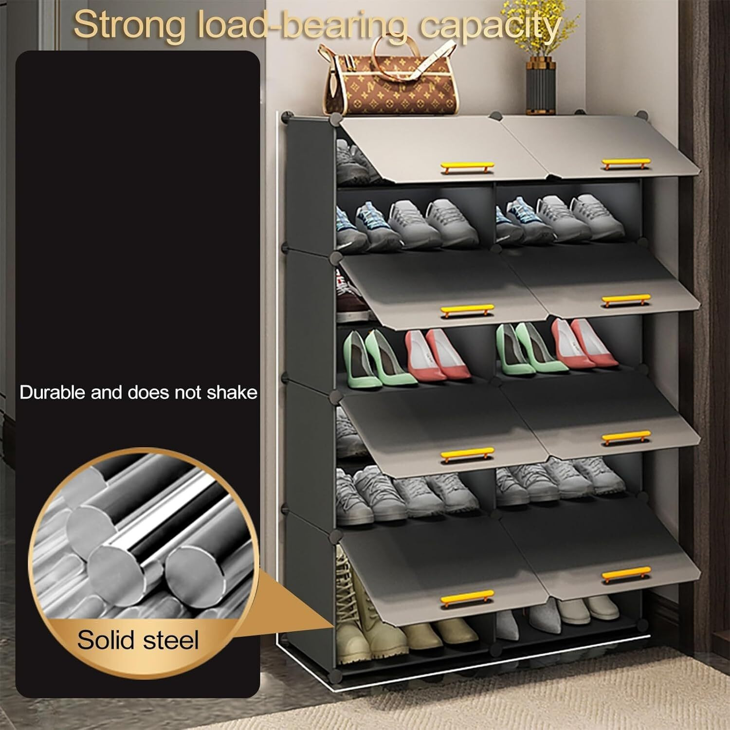 Image of Evrum 16-Shelf-8-Door Plastic Shoe Rack with Doors,Cabinet Organizer,Juta Stand Box Plastic Collapsible Shoe Stand