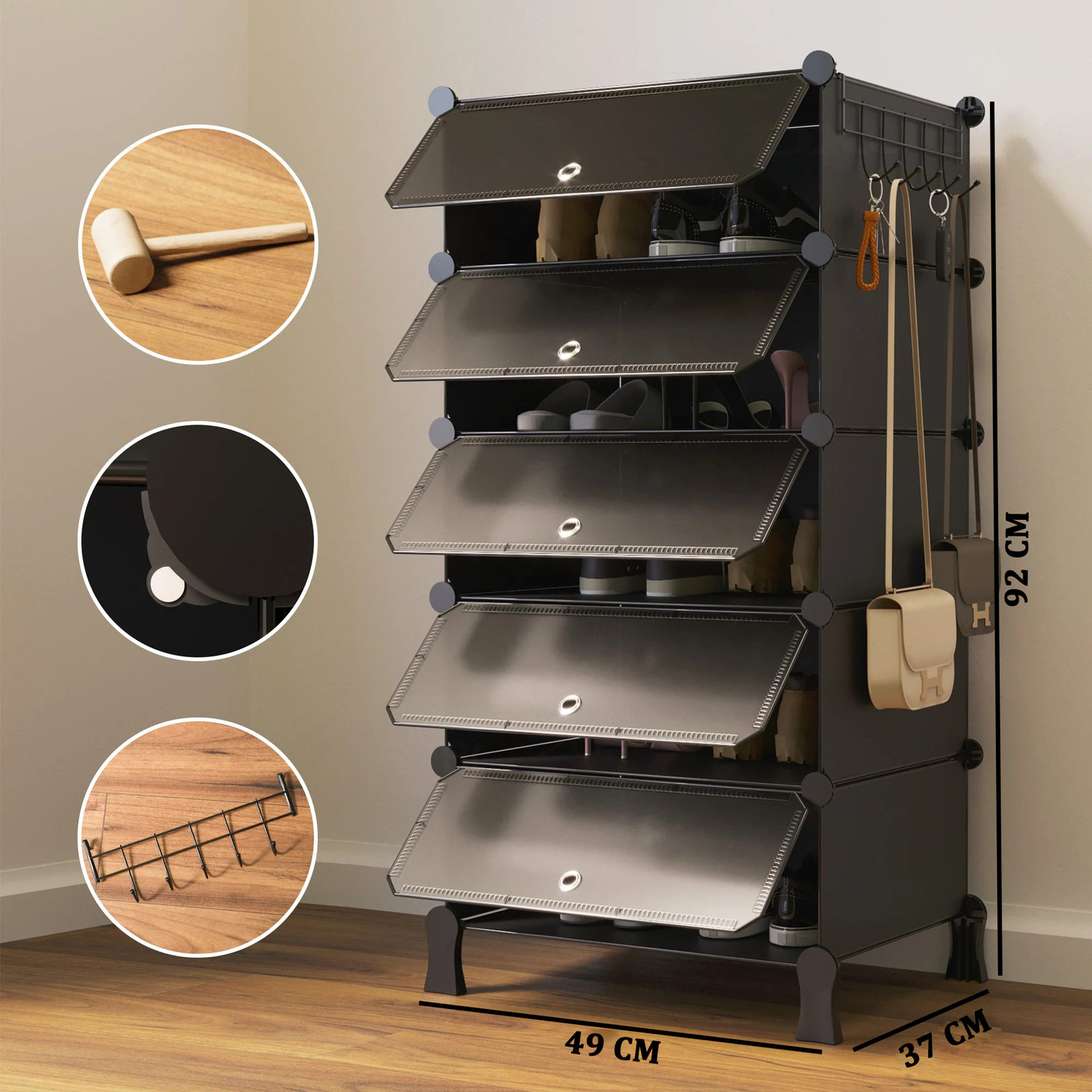 Image of Sasimo 5-Shelf-5-Door Plastic Cubort Shoe Rack Plastic Collapsible Shoe Stand