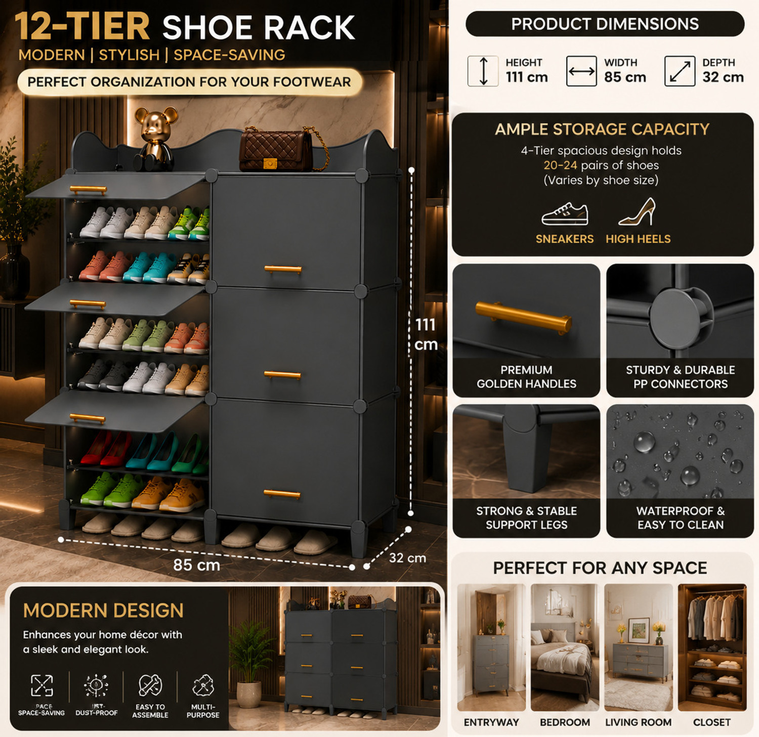 Image of Sasimo 12-Shelf-6-Door Plastic Cubort Shoe Rack Plastic Collapsible Shoe Stand