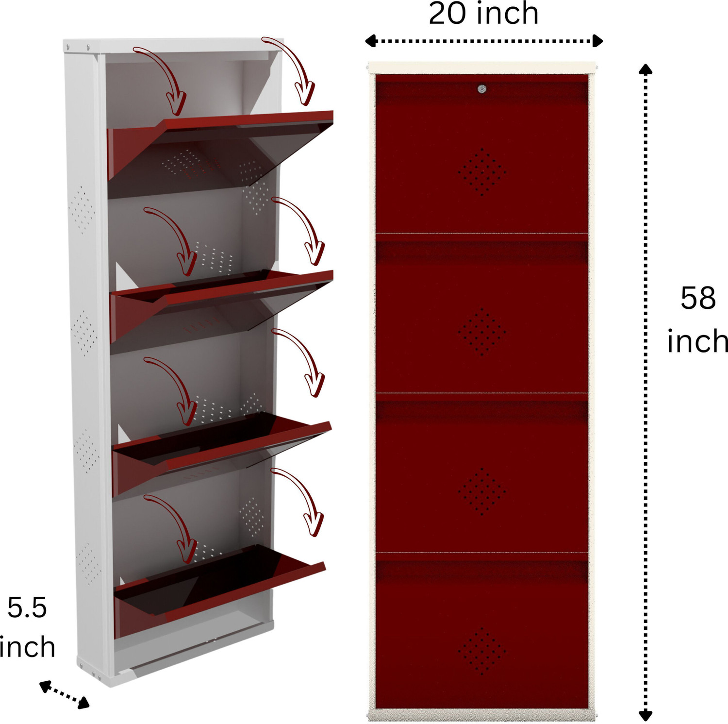 Image of KRUGER 4 Door Maroon 21x58x5.5 inch 8 to 12 Shoe Capacity Wall Mounted Centralised Lock Metal Shoe Rack