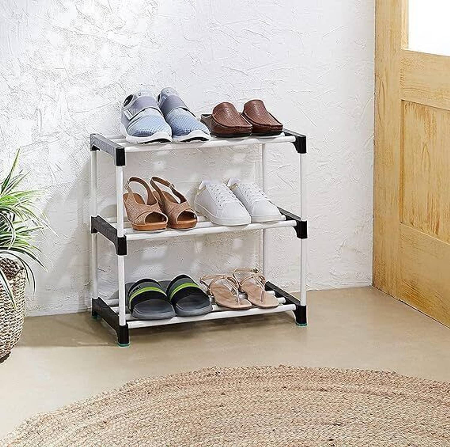 YATIN 3 LAYER WHITE BLACK Plastic Shoe Stand (Black White, 3 Shel