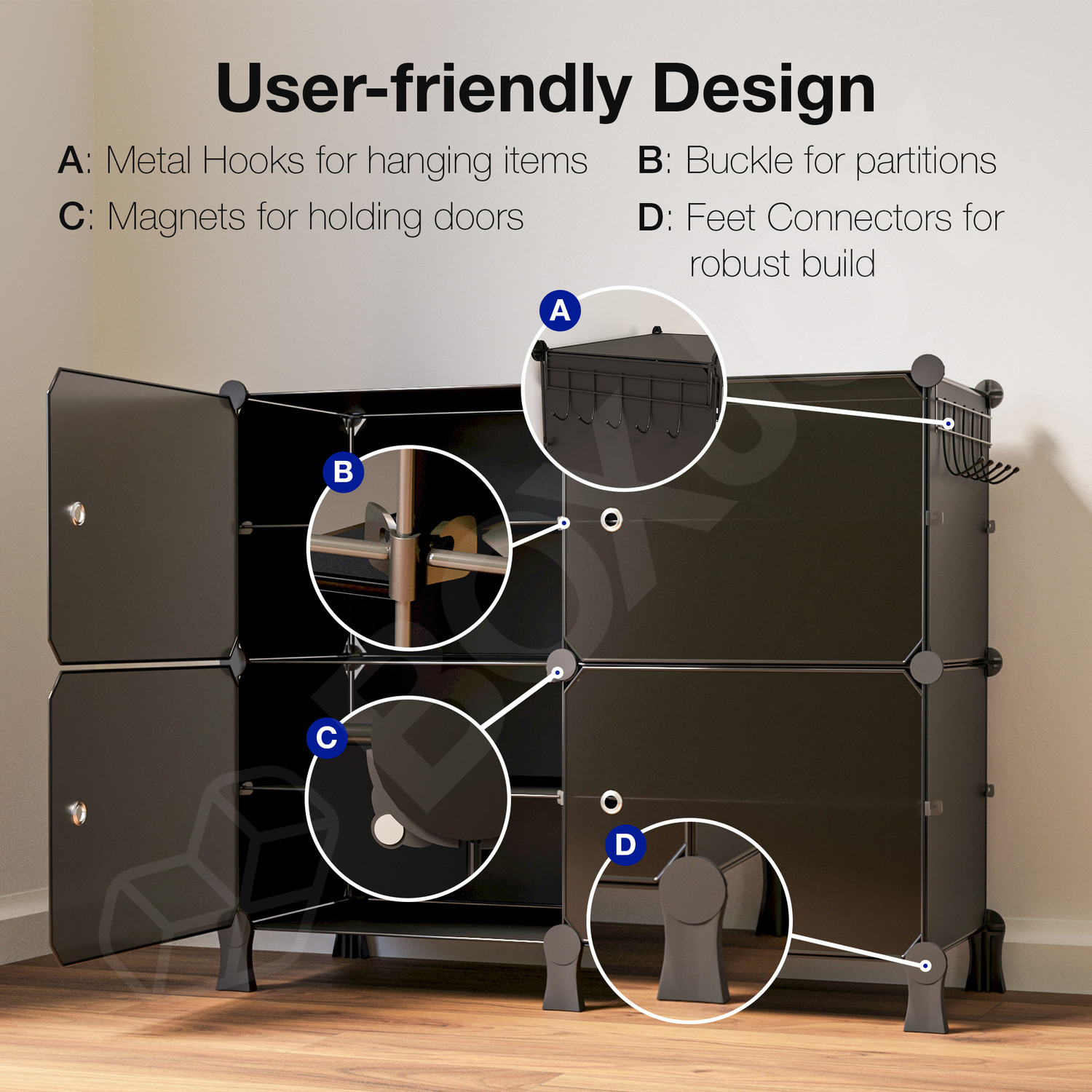 Image of BOXJOY 8 Shelf 4 Doors Shoes Rack for Home, Magnet, 5 Hook Steel Holder, Wooden Hammer Plastic Shoe Stand
