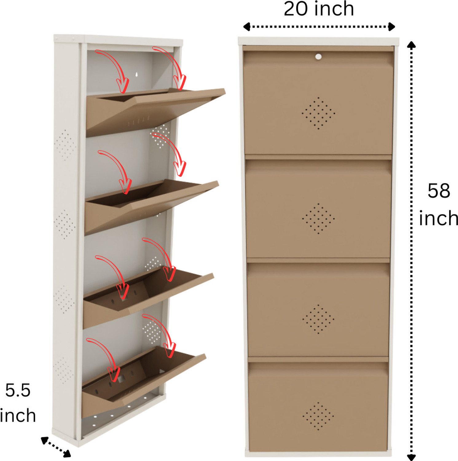 Image of KRUGER 4 Door Biscuit 21x58x5.5 inch 8 to 12 Shoe Capacity Wall Mounted Metal Shoe Rack