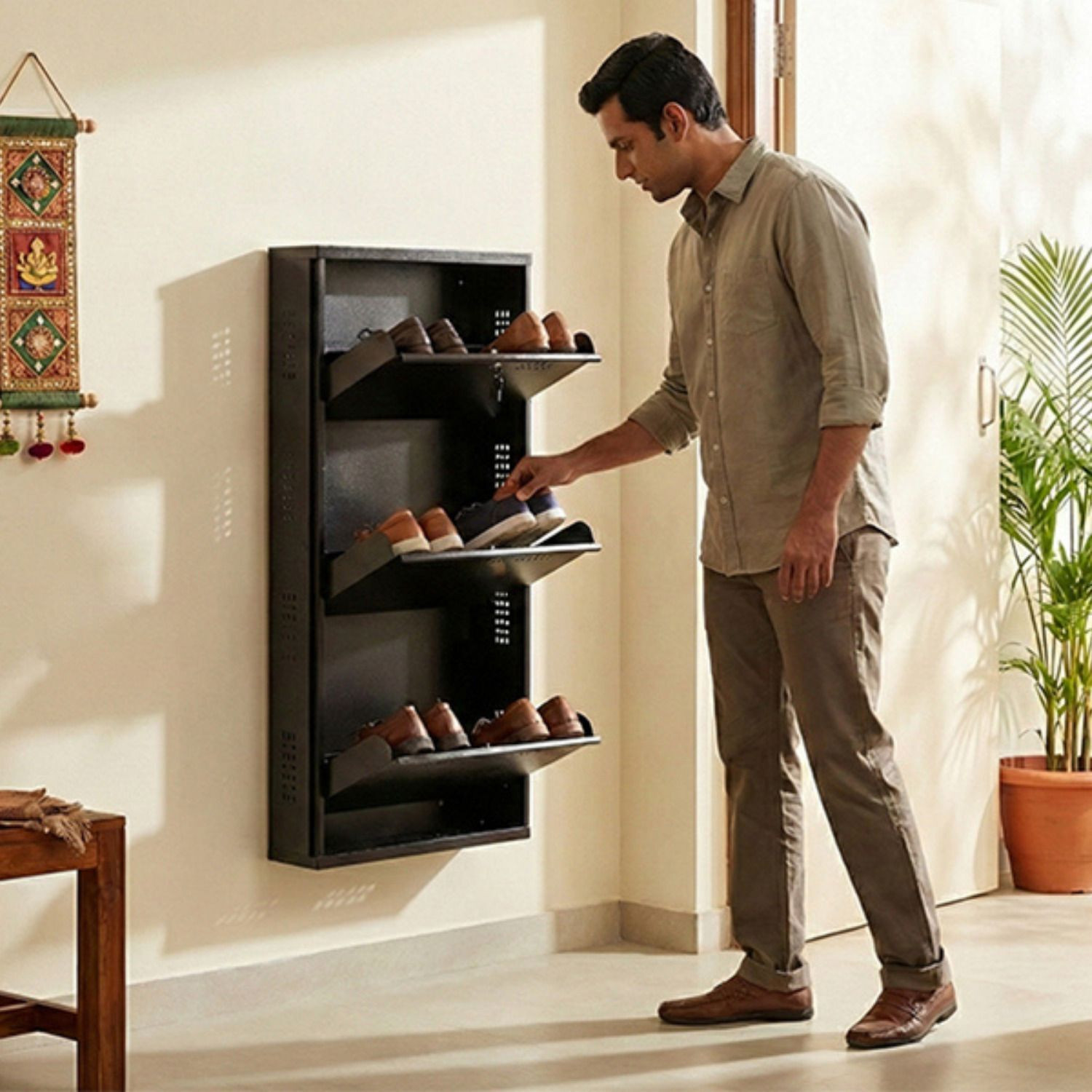Image of furniba Shoe Rack | Brown Color Wall Mounted | With lock & key system | Metal Shoe Rack