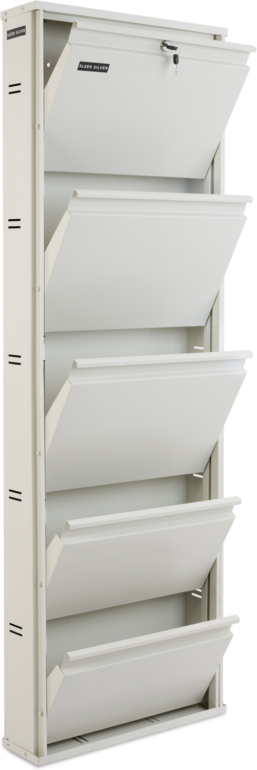 Image of Sleek Silver Space Saving Shoe Organiser Cabinet with 12-15 Pairs Capacity Metal Shoe Rack