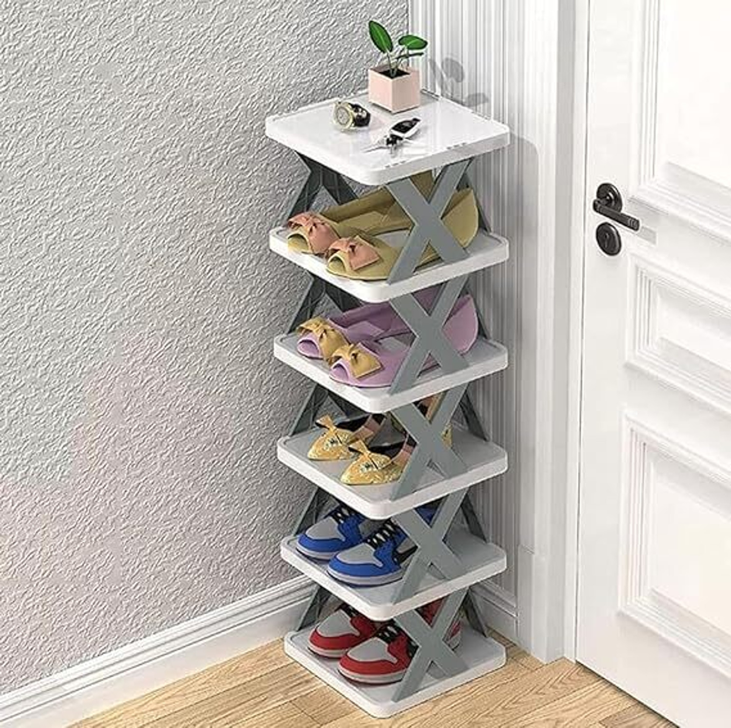 Image of Bahuchar 6 LAYER FOLDABLE SHOE RACK Plastic Shoe Stand (WHITE & GREY, 6 Shelves, Pre-assembled)