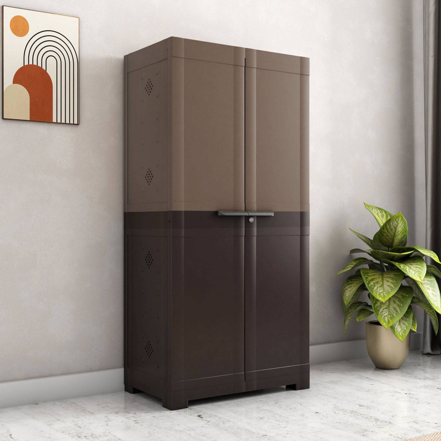 Image of Nilkamal Freedom (FMSC18D) Shoe Cabinet with Dustproof Door|Chappal Stand For Home| Plastic Shoe Rack (Rattan Dark Beige & Weather Brown, 6 Shelves, DIY(Do-It-Yourself))