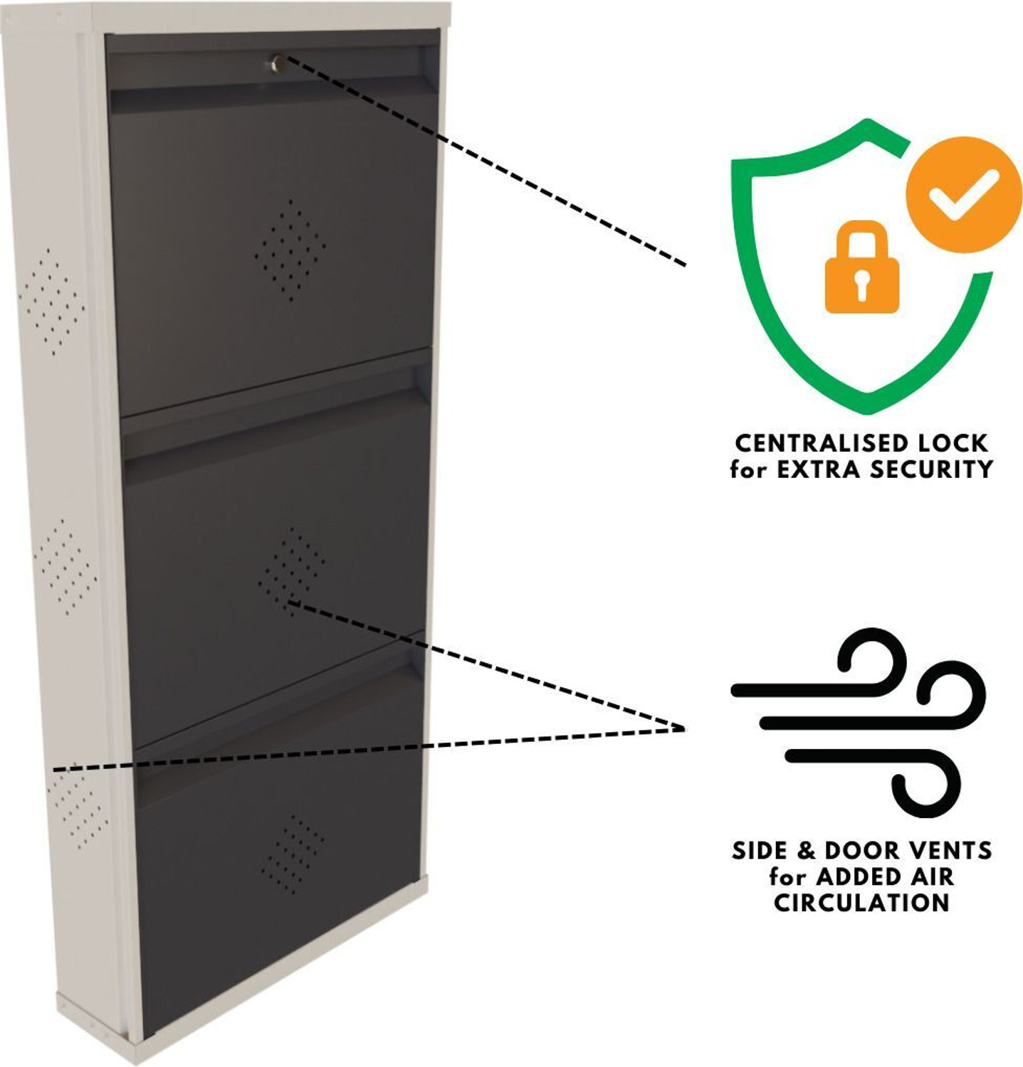 Image of KRUGER 3 Door Grey 21x43x5.5 inch 6 to 9 Shoe Capacity Wall Mounted Centralised Lock Metal Shoe Rack
