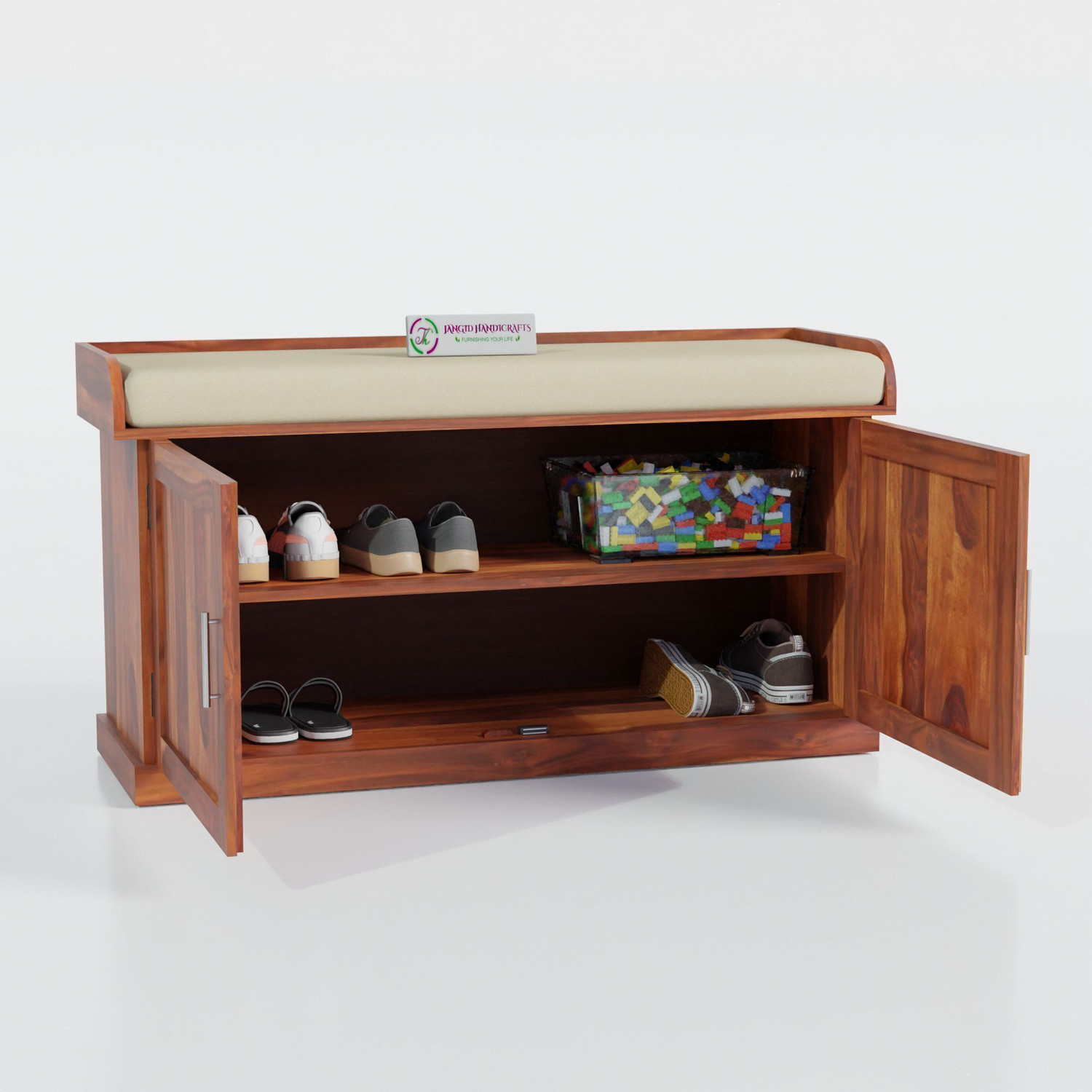 Image of jangid Handicraft Solid Wood 2 Door Shoe Cabinet Storage Bench Solid Wood Shoe Rack