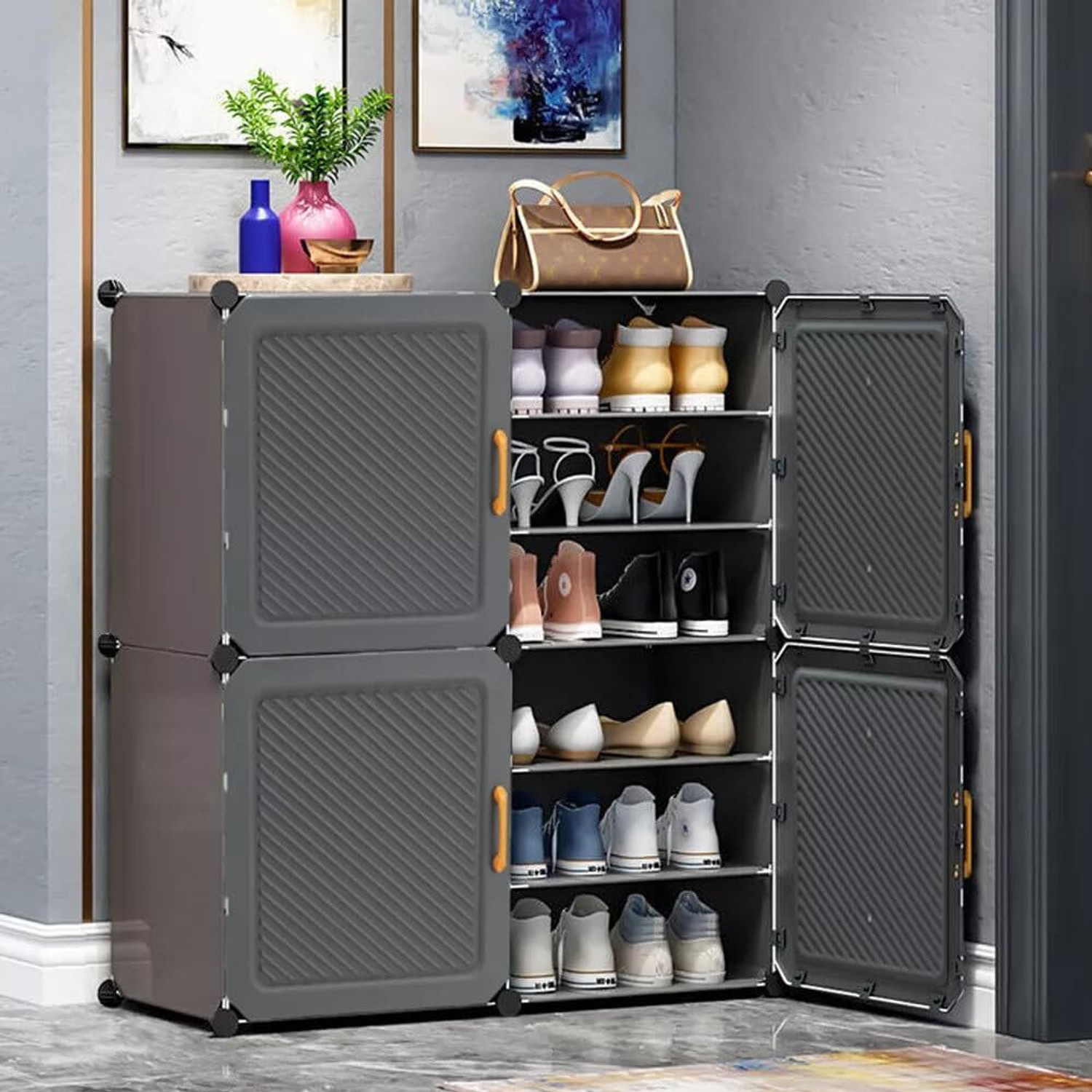 Image of Evrum 12-Shelf-4-Door Plastic Cubort Shoe Rack Plastic Collapsible Shoe Stand