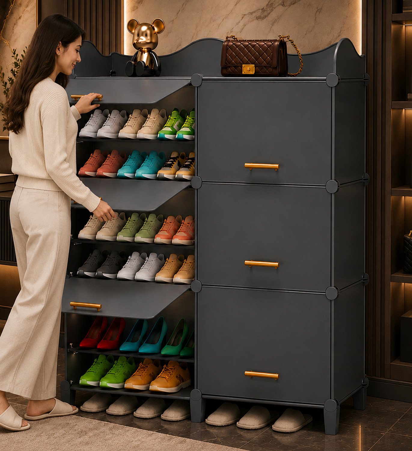 Image of Sasimo 12-Shelf-6-Door Plastic Cubort Shoe Rack Plastic Collapsible Shoe Stand