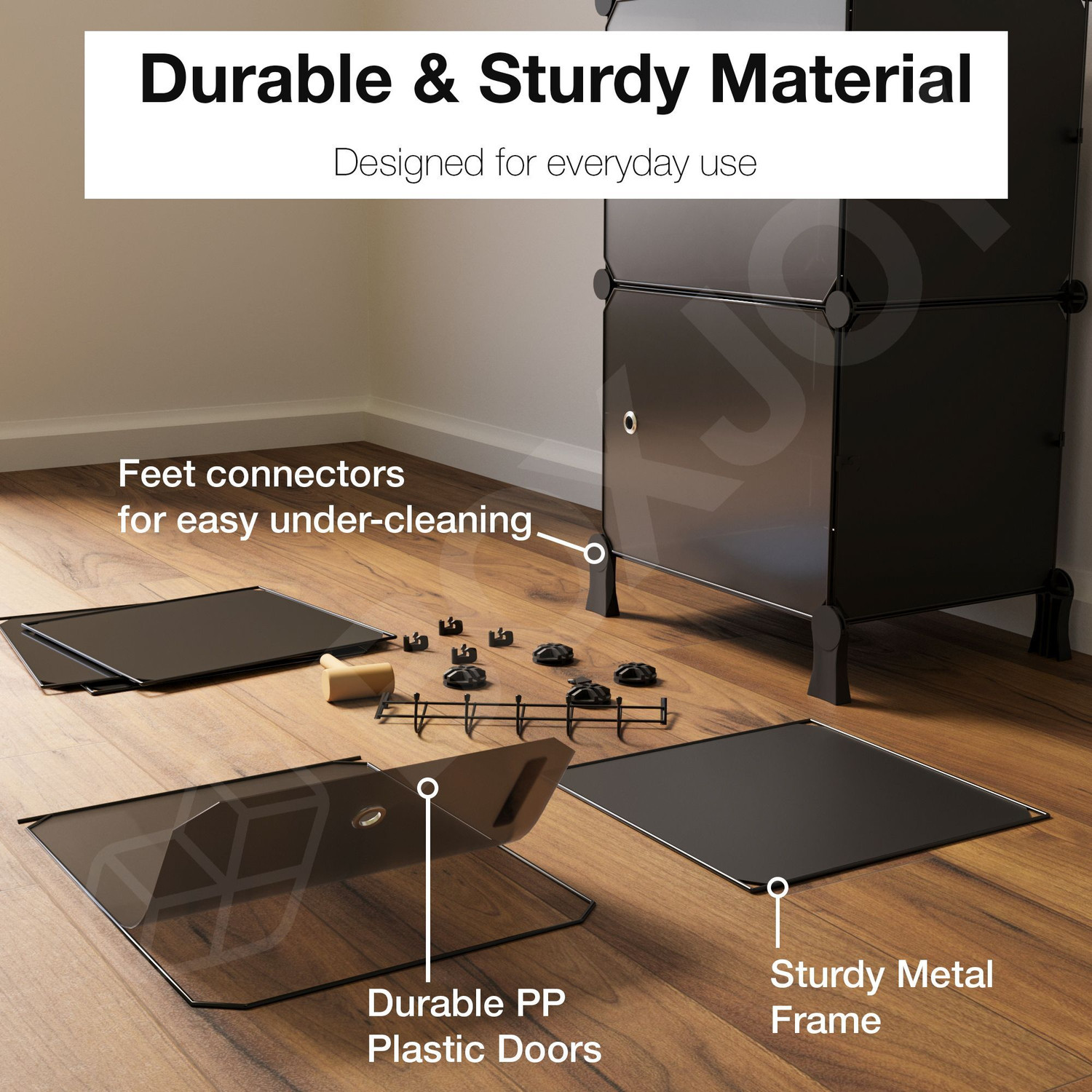 Image of BOXJOY 6 Shelf 3 Doors Shoes Rack for Home, 5 Hook Metal Holder, Magnet, Wooden Hammer Plastic Shoe Stand
