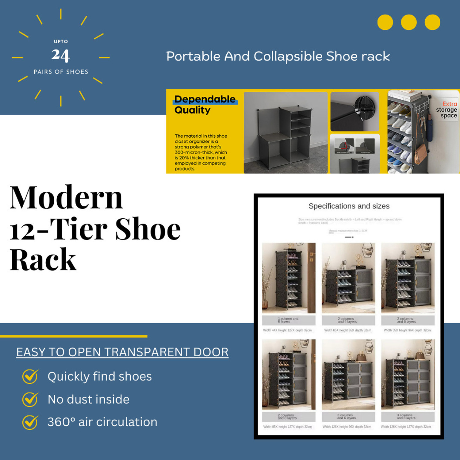 Image of Owme 12-Tier Plastic Shoe Rack with Dustproof Doors - Modular Shoe Cabinet Plastic Shoe Stand