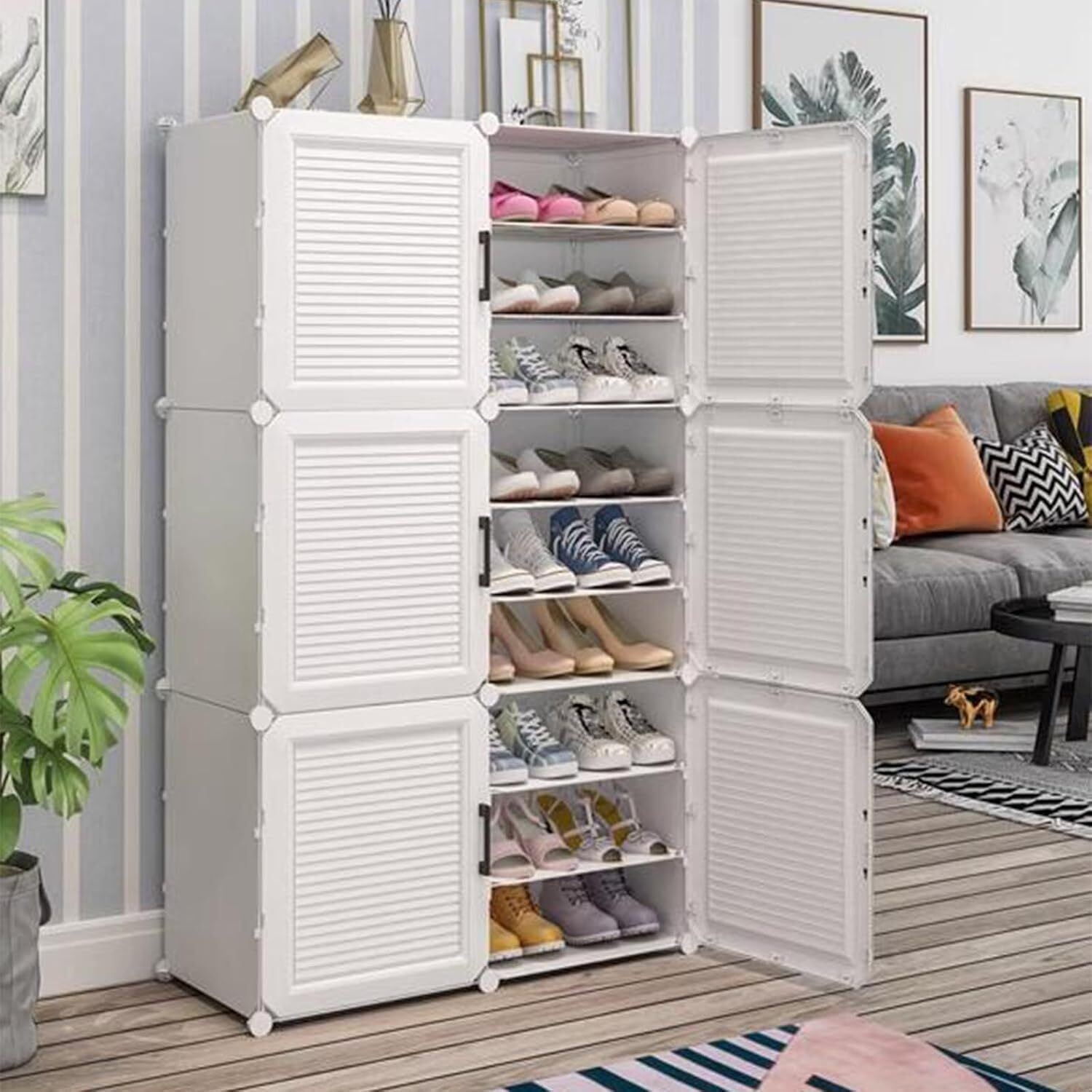 Image of SNKR ESSENTIALS 18-Shelf-6-Door Plastic Cupboard Shoe Rack Plastic, Metal Collapsible Shoe Stand