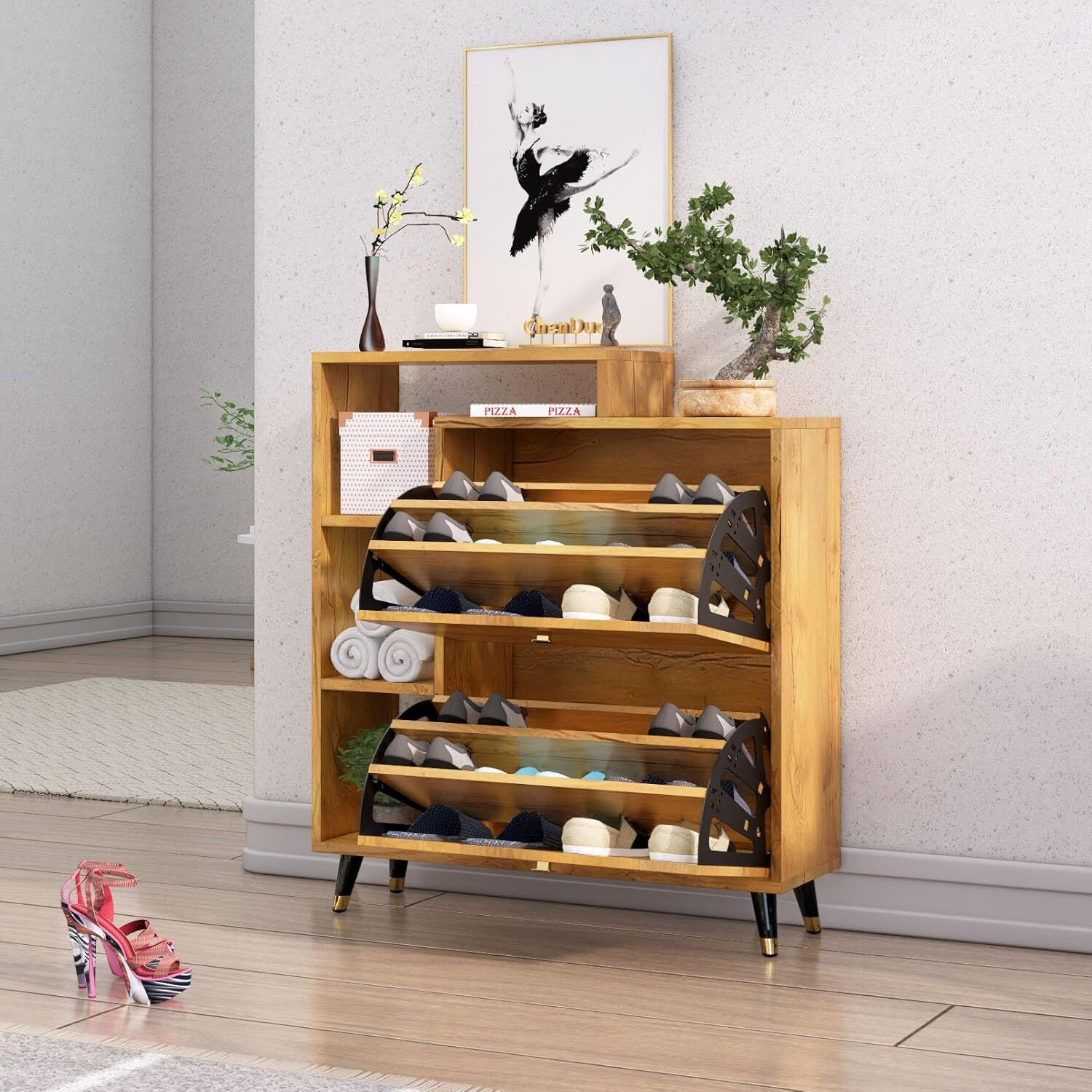 Image of Hexa Red Wooden Shoe Rack For Home With Door, Metal Legs Engineered Wood Shoe Rack