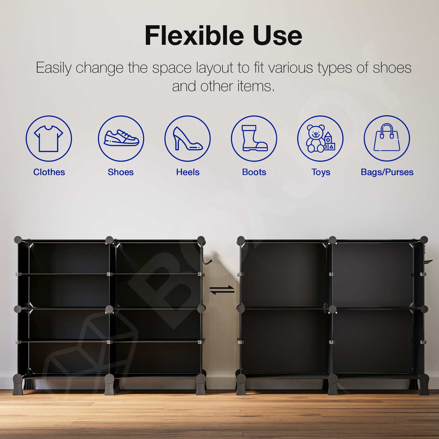 Image of BOXJOY 8 Shelf 4 Doors Shoes Rack for Home, Magnet, 5 Hook Steel Holder, Wooden Hammer Plastic Shoe Stand
