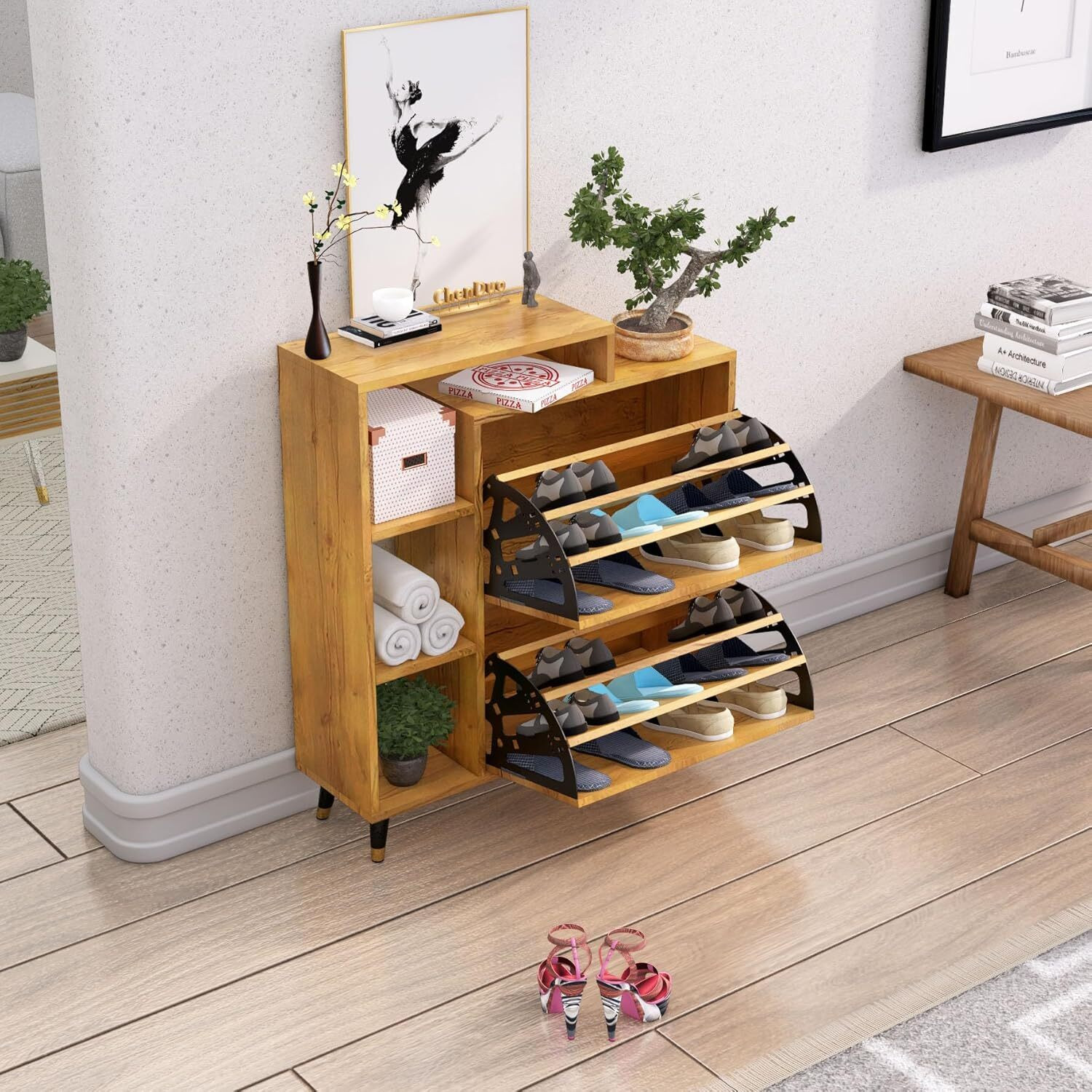 Image of Hexa Red Wooden Shoe Rack For Home With Door, Metal Legs Engineered Wood Shoe Rack
