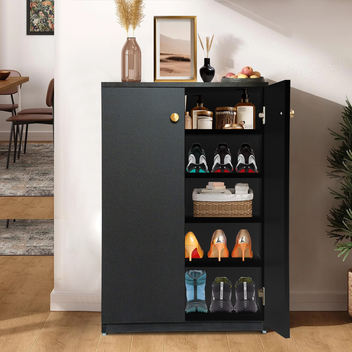 Image of Urbanovia Space-Saving Wooden Shoe Cabinet with Multi-Shelf Storage Engineered Wood Shoe Rack
