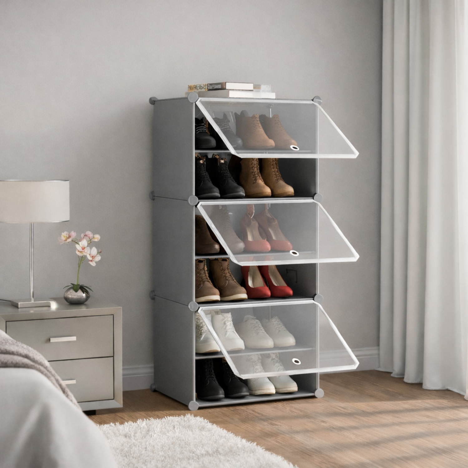 Image of Owme 6-Tier Plastic Shoe Rack with Dustproof Doors - Modular Shoe Cabinet Plastic Shoe Stand