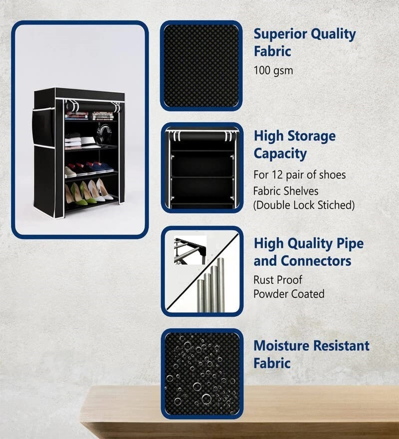 Image of TURBOMAX Multipurpose shoe rack /Wardrobe Heavy Material PVC Plastic Pipes with cover Plastic Shoe Stand