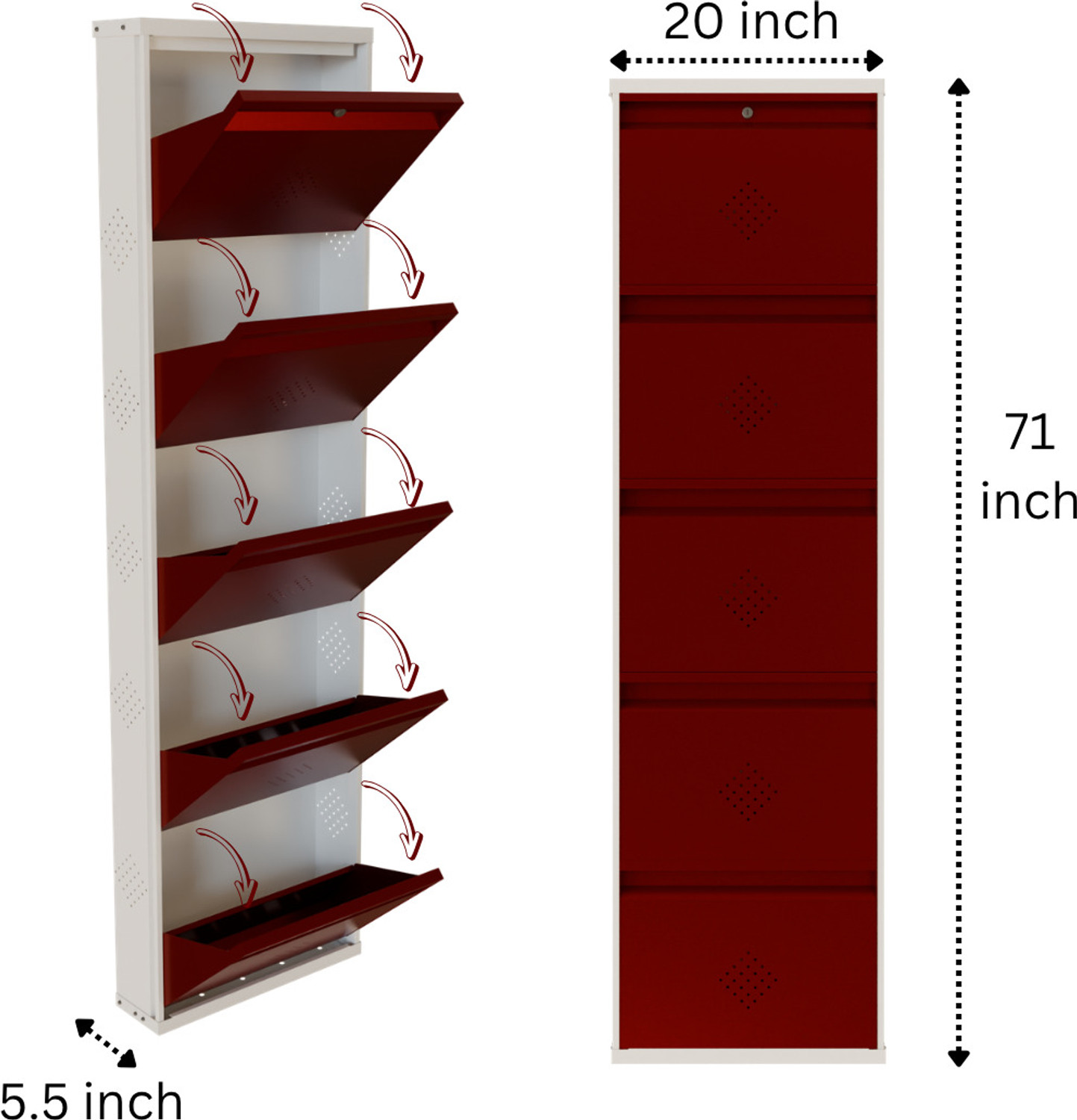 Image of KRUGER 5 Door Maroon 20x71x5.5 inch 10 to 15 Shoe Capacity Centralised Lock Metal Shoe Rack